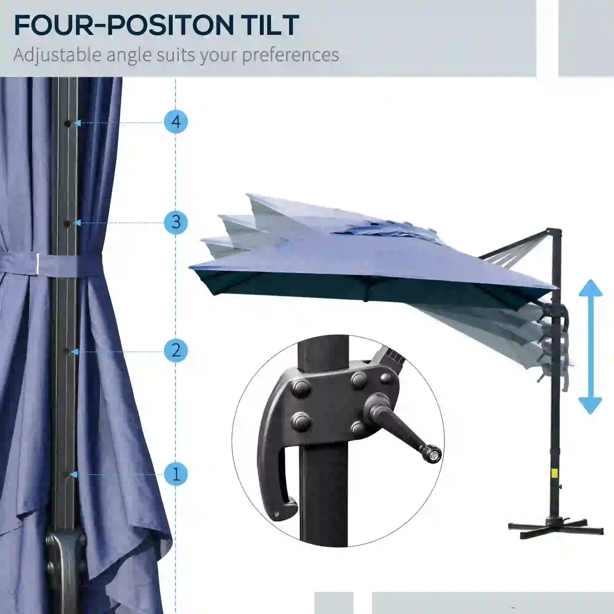 10x10ft Rotatable Square Cantilever Umbrella, 4 Adjustable Angles, Blue - Image 4