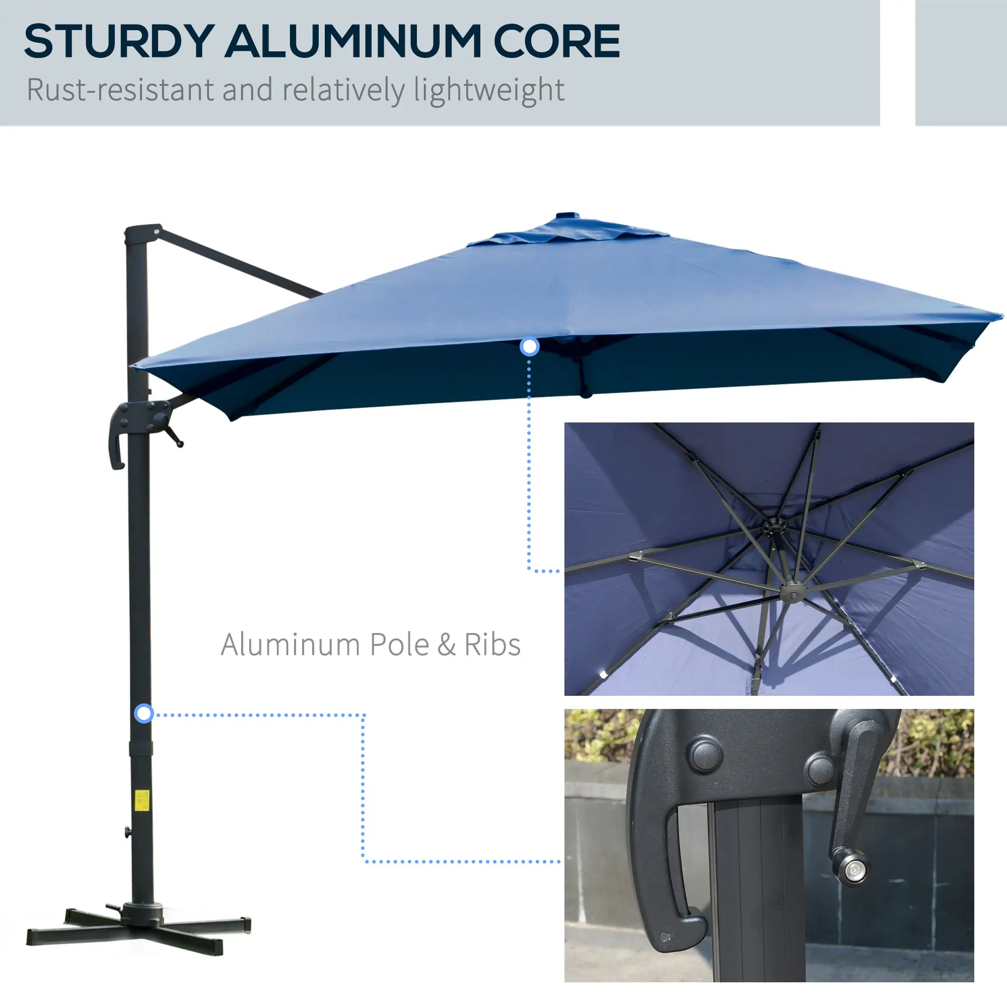 10x10ft Rotatable Square Cantilever Umbrella, 4 Adjustable Angles, Blue - Image 7