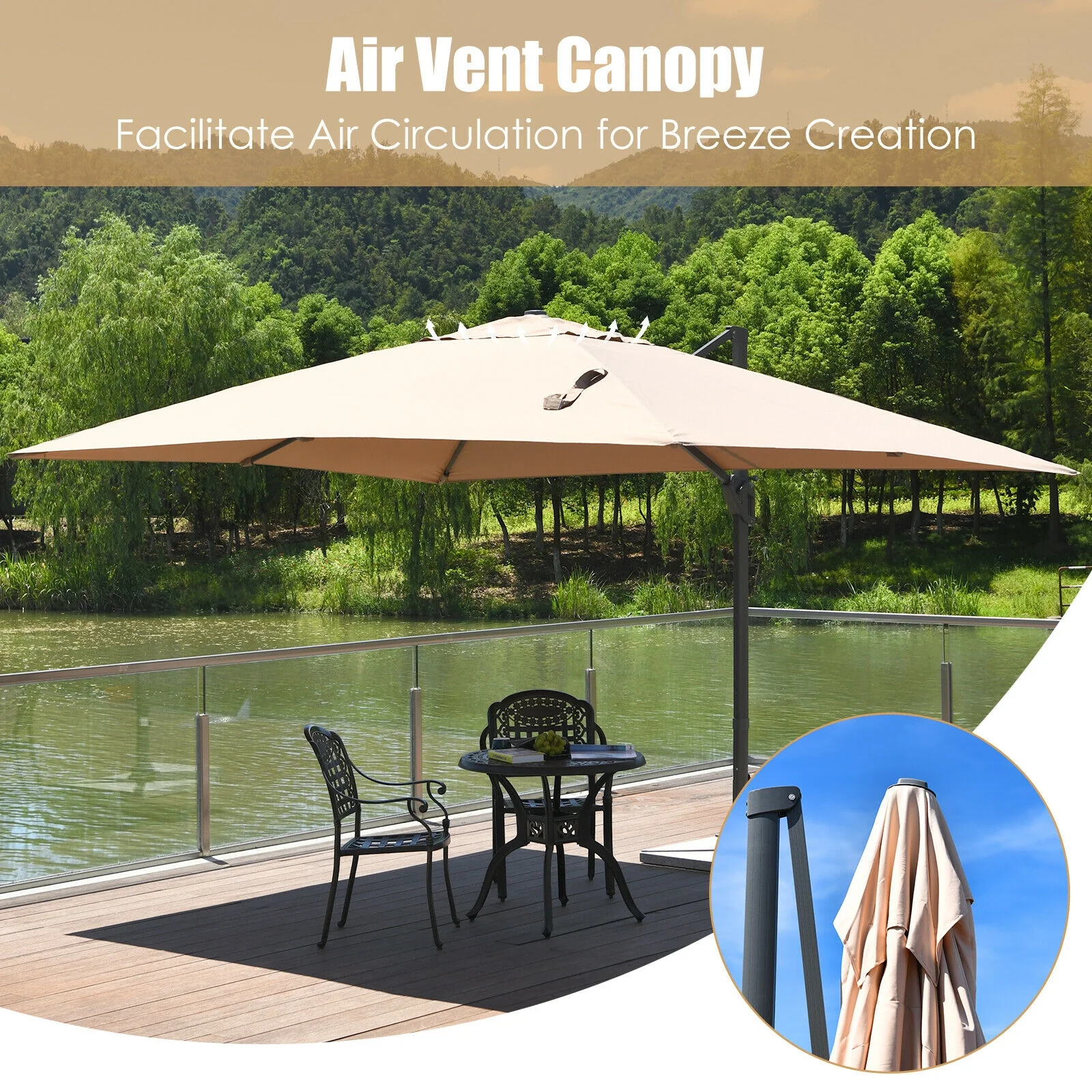 10x13 Feet Rectangular Cantilever Umbrella, 360° Rotation, Beige - Image 10