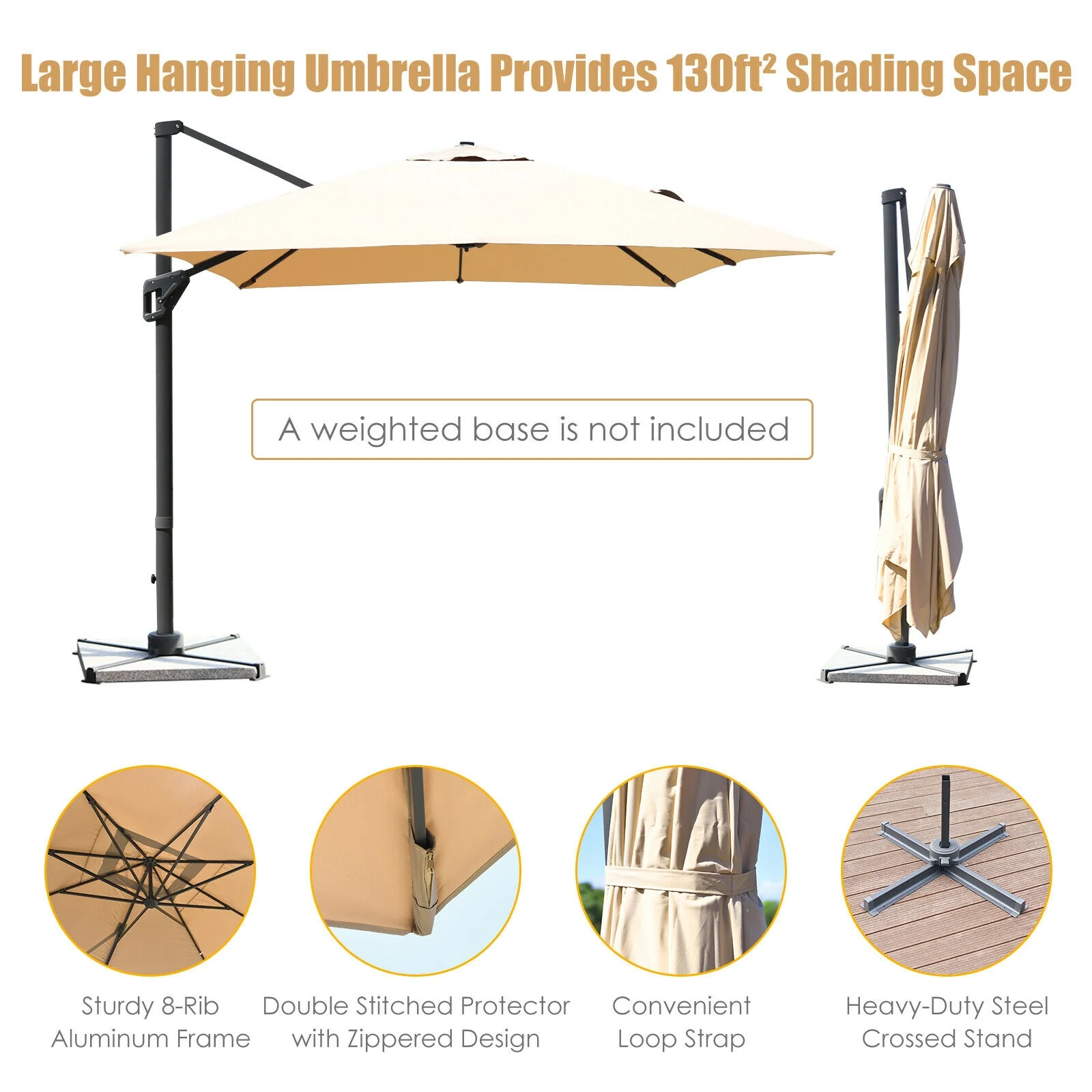 10x13 Feet Rectangular Cantilever Umbrella, 360° Rotation, Beige - Image 6