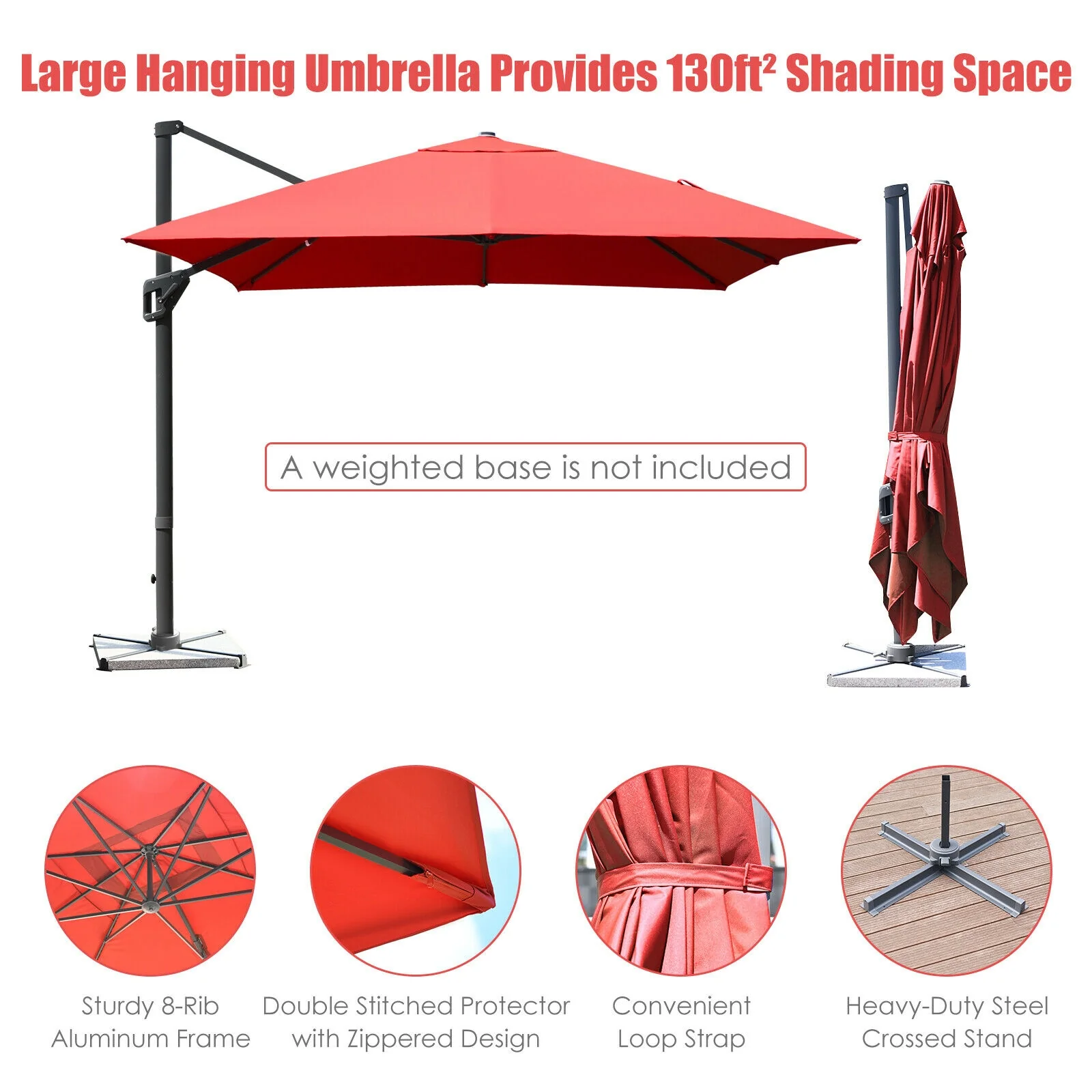 10x13 Feet Rectangular Cantilever Umbrella, 360° Rotation, Orange - Image 6