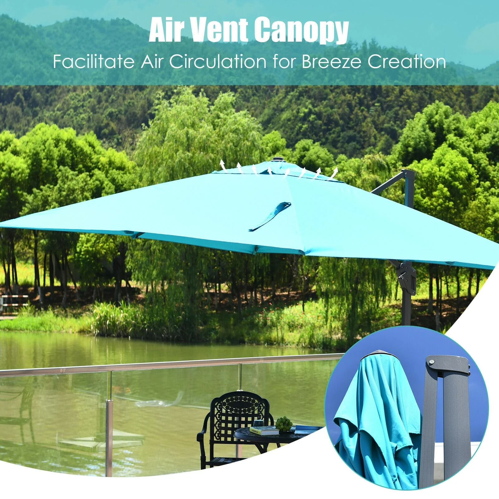 10x13 Feet Rectangular Cantilever Umbrella, 360° Rotation, Turquoise - Image 10