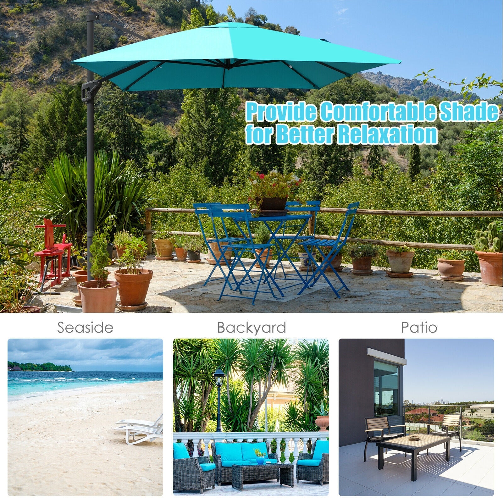 10x13 Feet Rectangular Cantilever Umbrella, 360° Rotation, Turquoise - Image 3