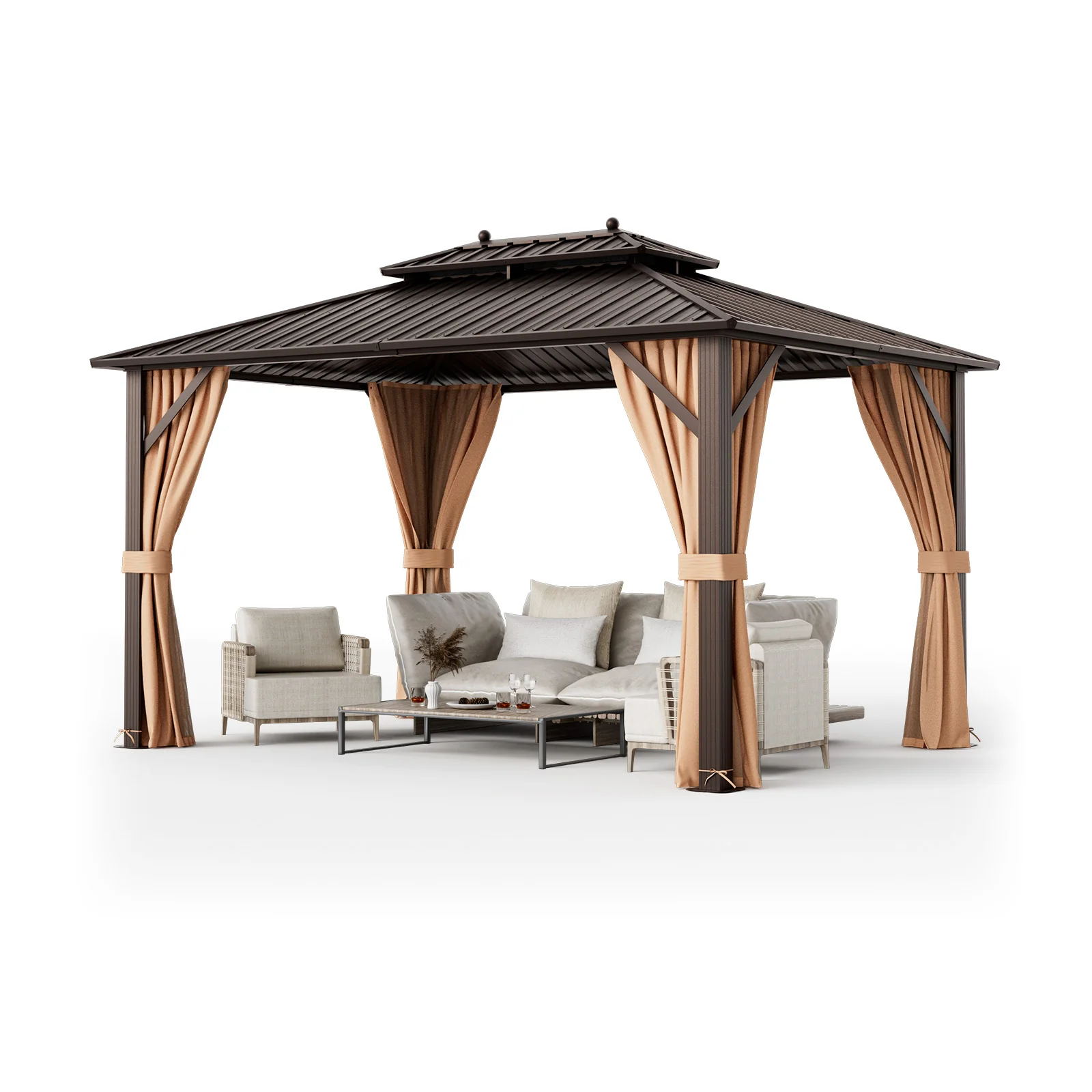 10x13ft Hardtop Gazebo, Galvanized Steel Roof, Curtains, Coffee