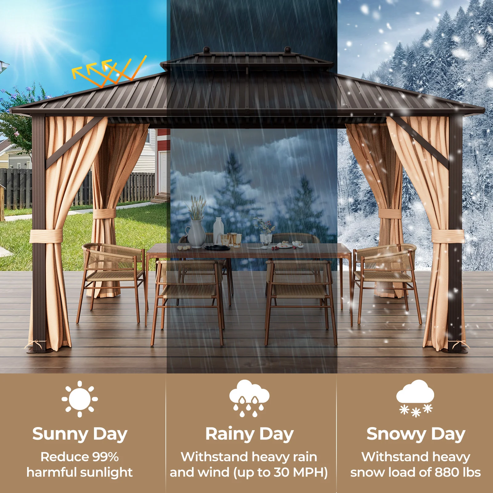 10x13ft Hardtop Gazebo, Galvanized Steel Roof, Curtains, Coffee - Image 10