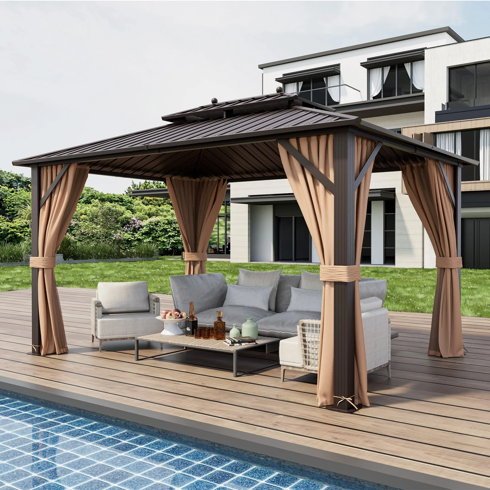 10x13ft Hardtop Gazebo, Galvanized Steel Roof, Curtains, Coffee - Image 2