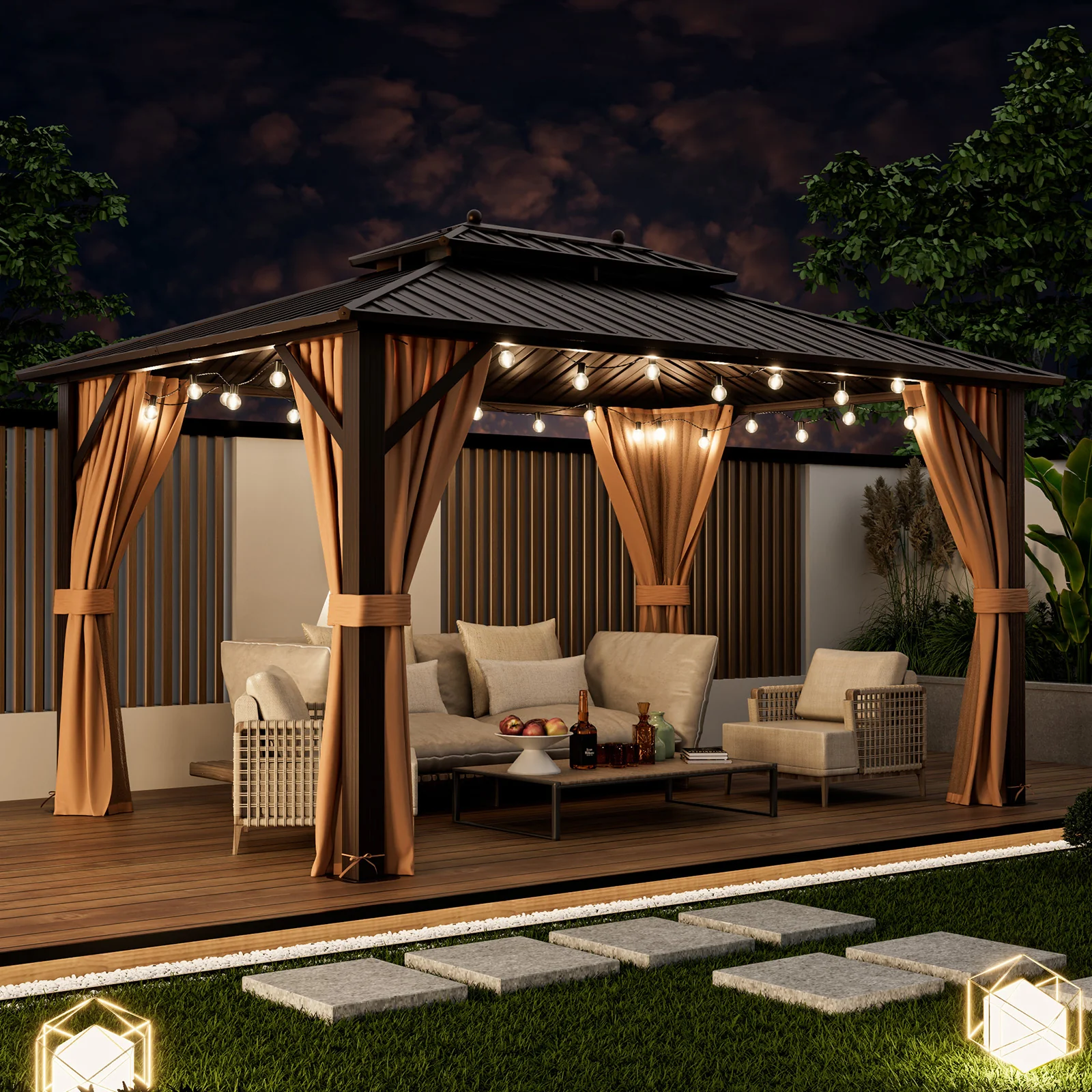 10x13ft Hardtop Gazebo, Galvanized Steel Roof, Curtains, Coffee - Image 3