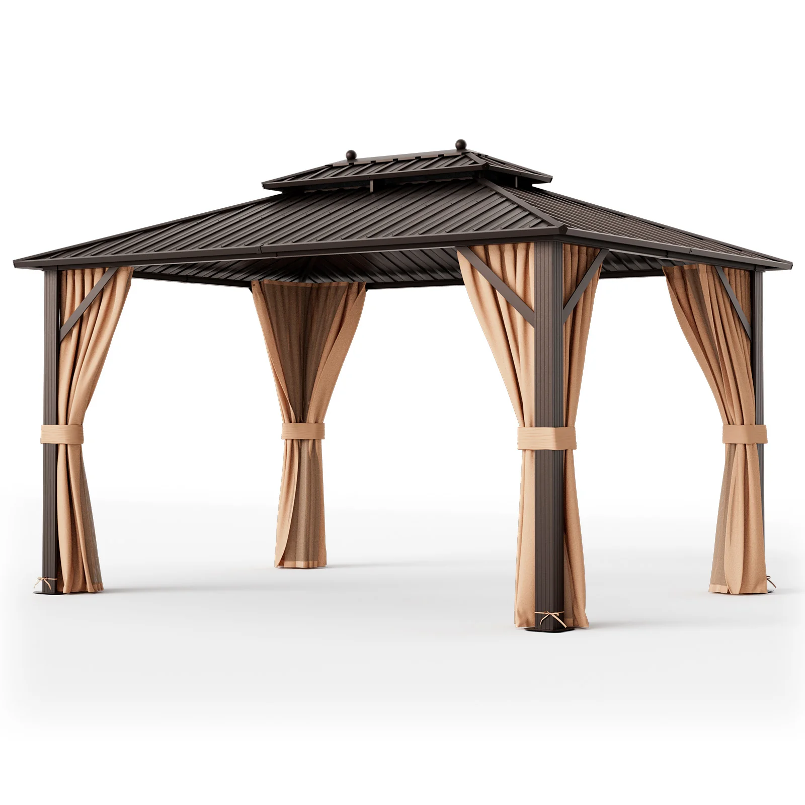 10x13ft Hardtop Gazebo, Galvanized Steel Roof, Curtains, Coffee - Image 5