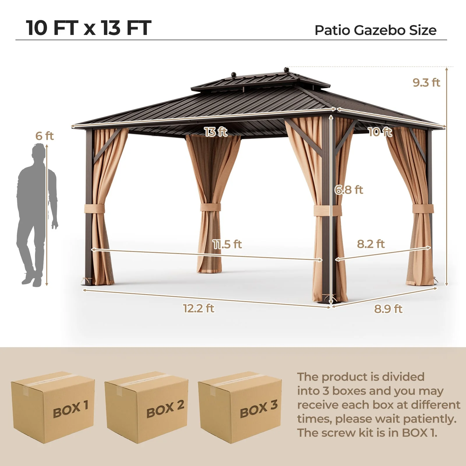 10x13ft Hardtop Gazebo, Galvanized Steel Roof, Curtains, Coffee - Image 6
