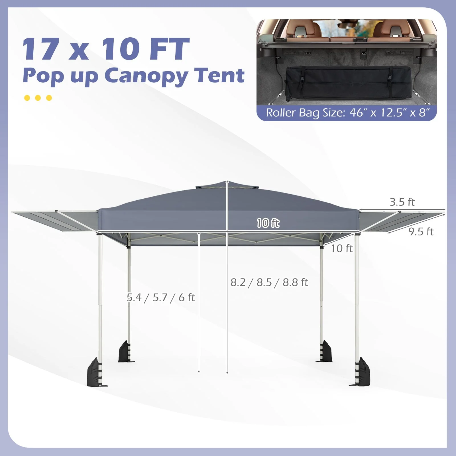 10x17 Feet Pop Up Canopy Tent, Dual Adjustable Awnings, Gray - Image 5
