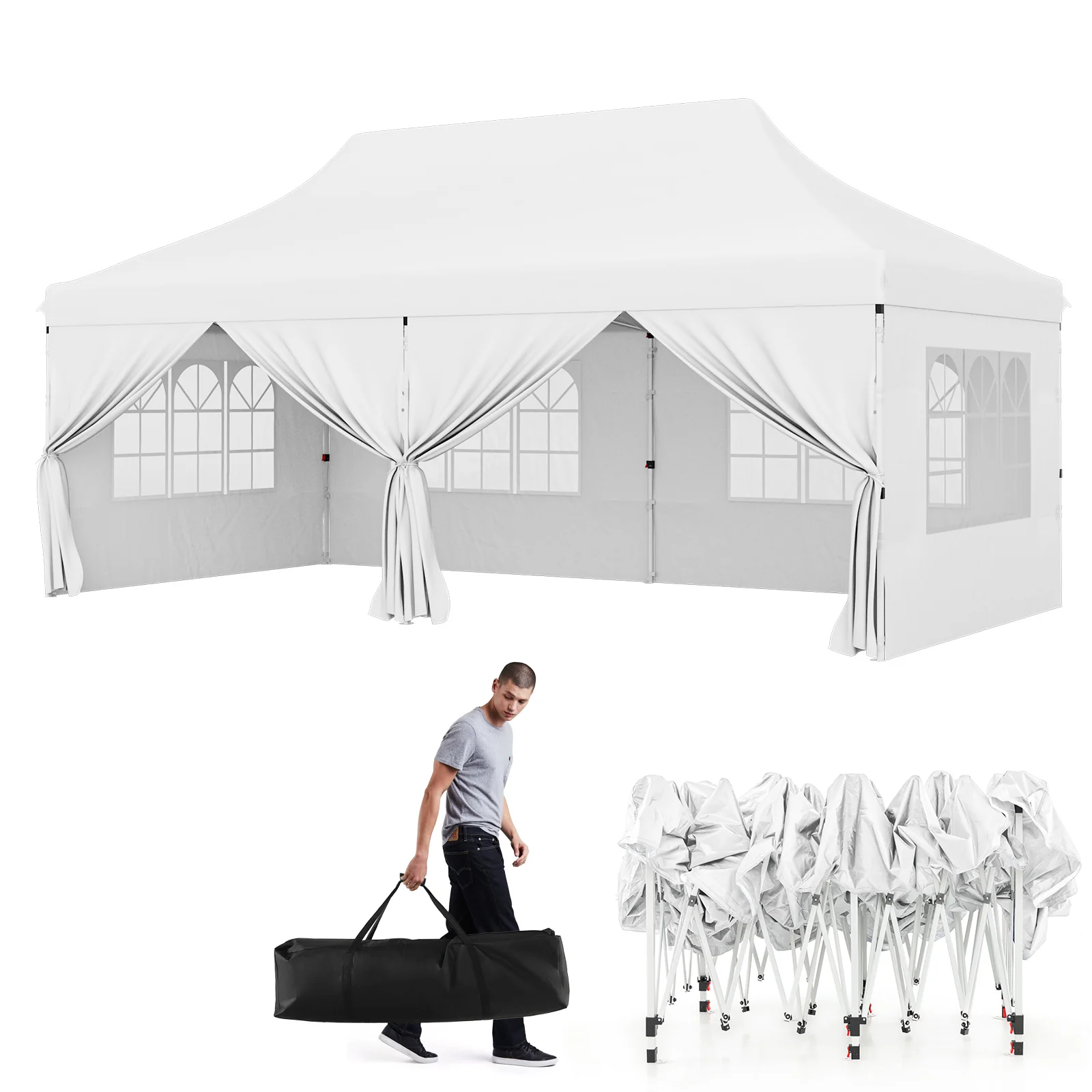 10x20 FT Pop Up Canopy With 6 Sidewalls, Windows, Carrying Bag, White - Image 5