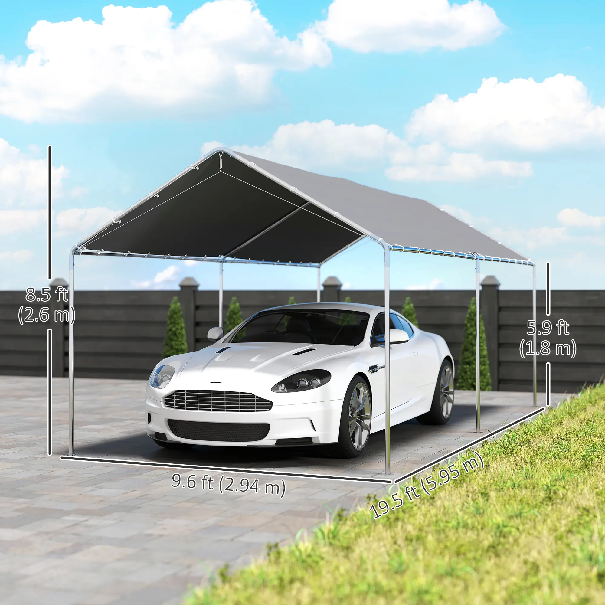 10'x20' Heavy Duty Galvanized Carport Canopy, Anchor Kit, Grey - Image 3