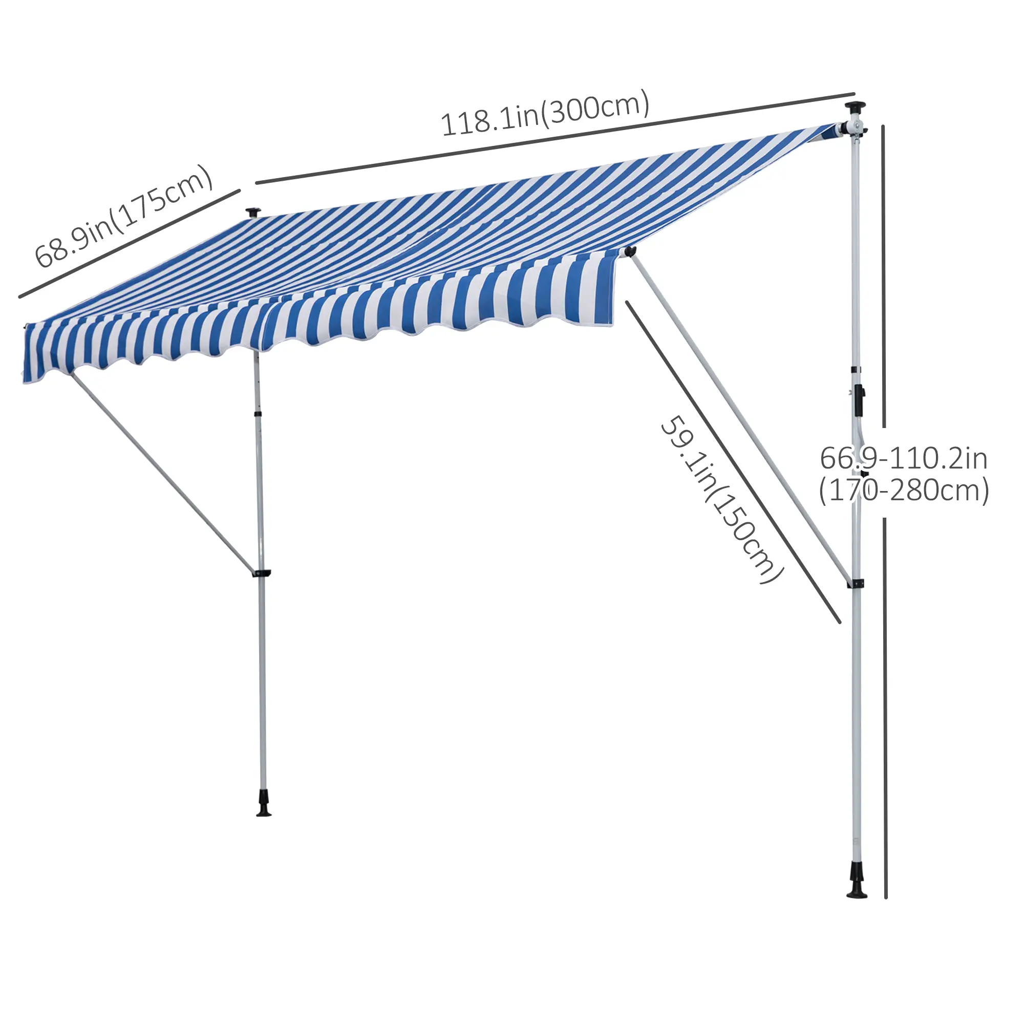 10x5ft Manual Retractable Awning, Patio Sun Shade, Water Resistant, Blue - Image 3