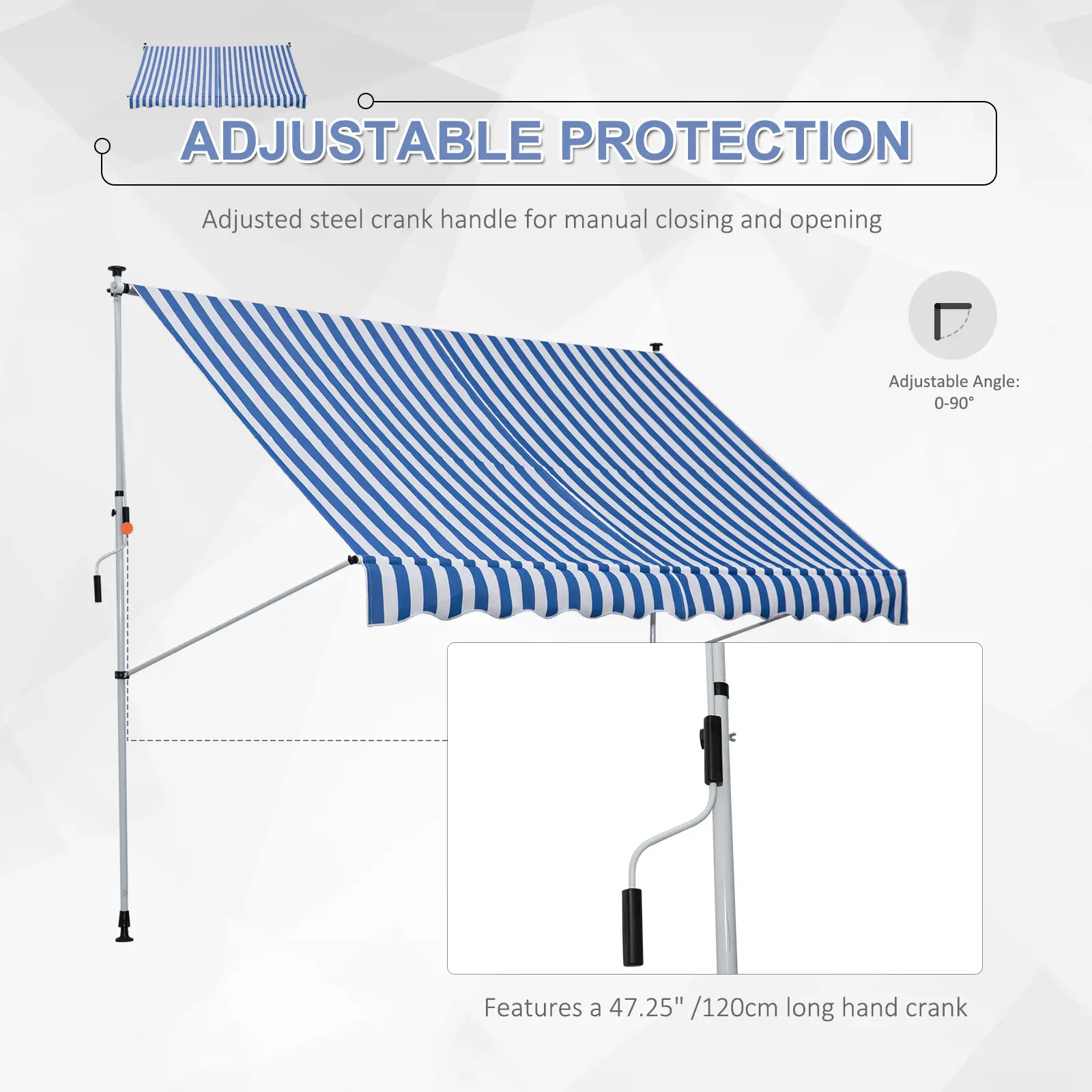 10x5ft Manual Retractable Awning, Patio Sun Shade, Water Resistant, Blue - Image 4