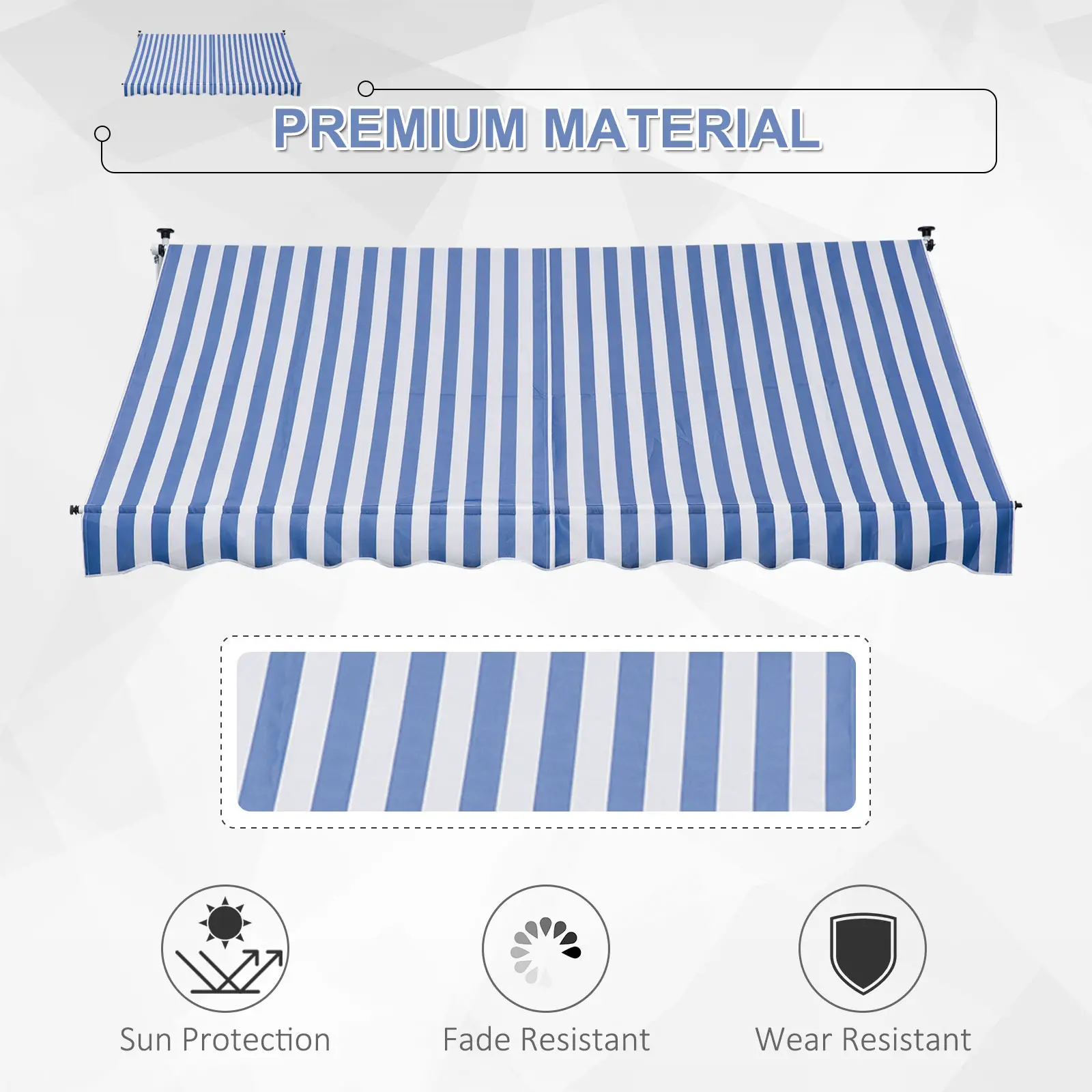 10x5ft Manual Retractable Awning, Patio Sun Shade, Water Resistant, Blue - Image 6