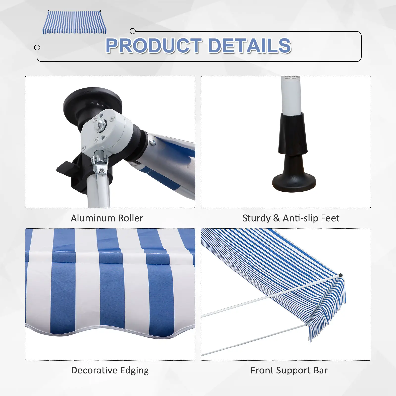 10x5ft Manual Retractable Awning, Patio Sun Shade, Water Resistant, Blue - Image 7