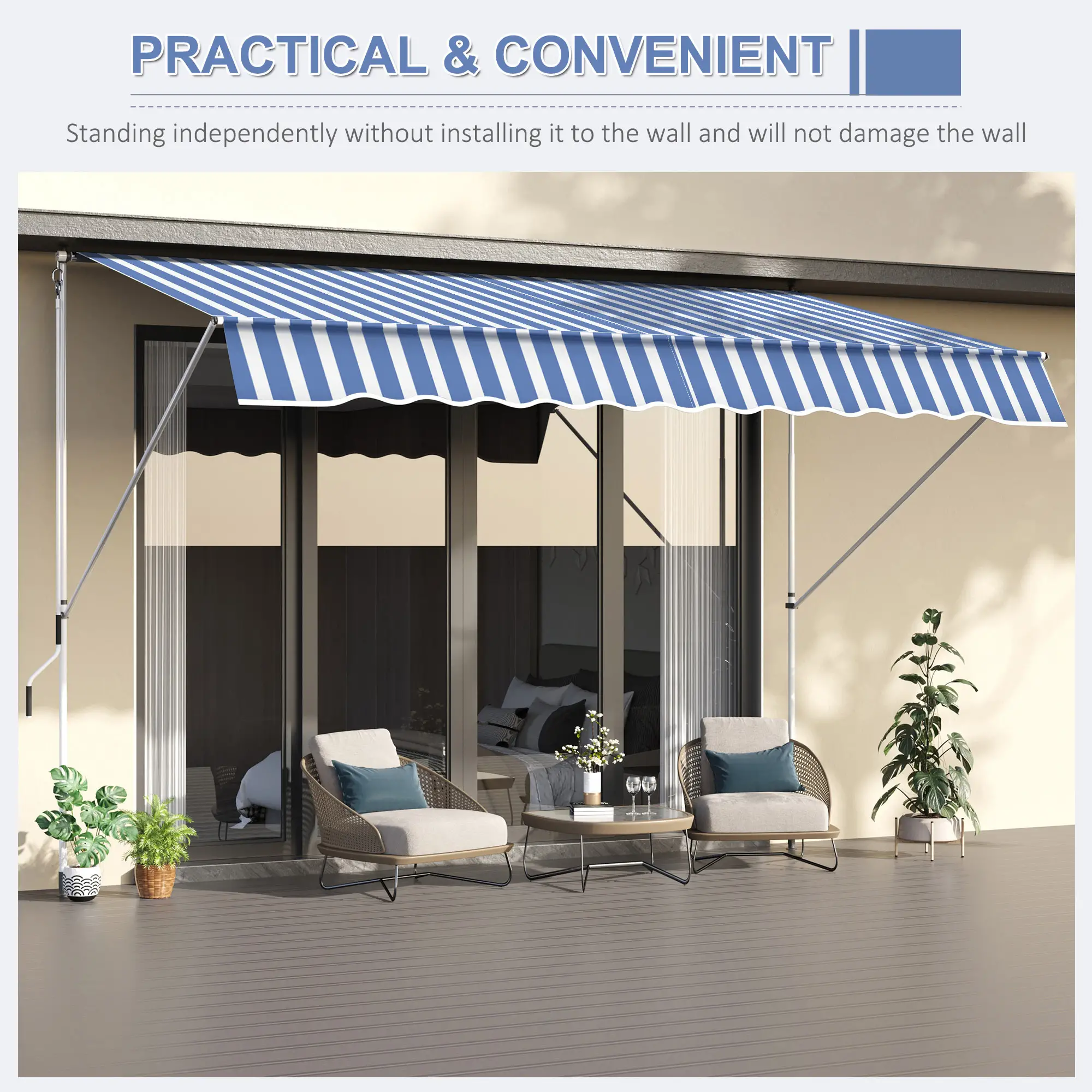 10x5ft Manual Retractable Awning, Patio Sun Shade, Water Resistant, Blue - Image 9