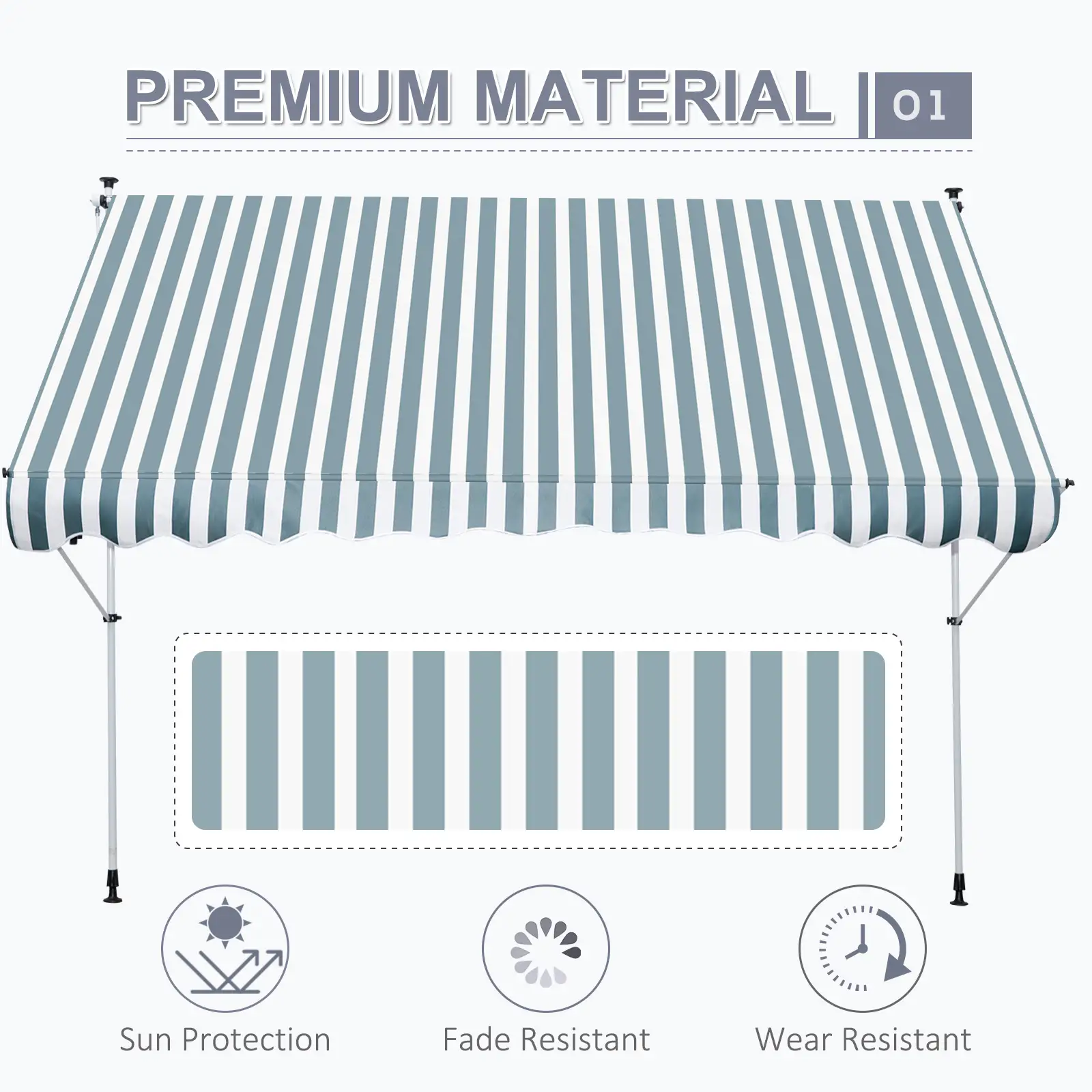 10x5ft Manual Retractable Awning, Patio Sun Shade, Water Resistant, Green - Image 4