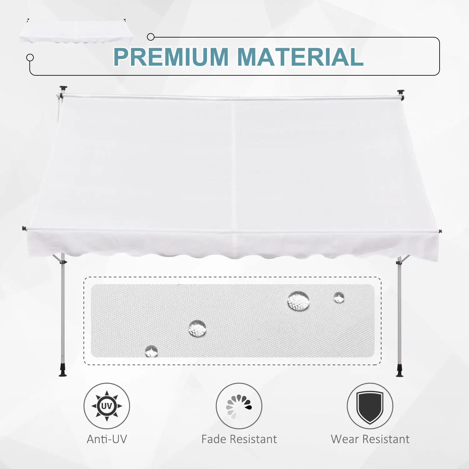 10x5ft Manual Retractable Awning, Patio Sun Shade, Water Resistant, White - Image 4