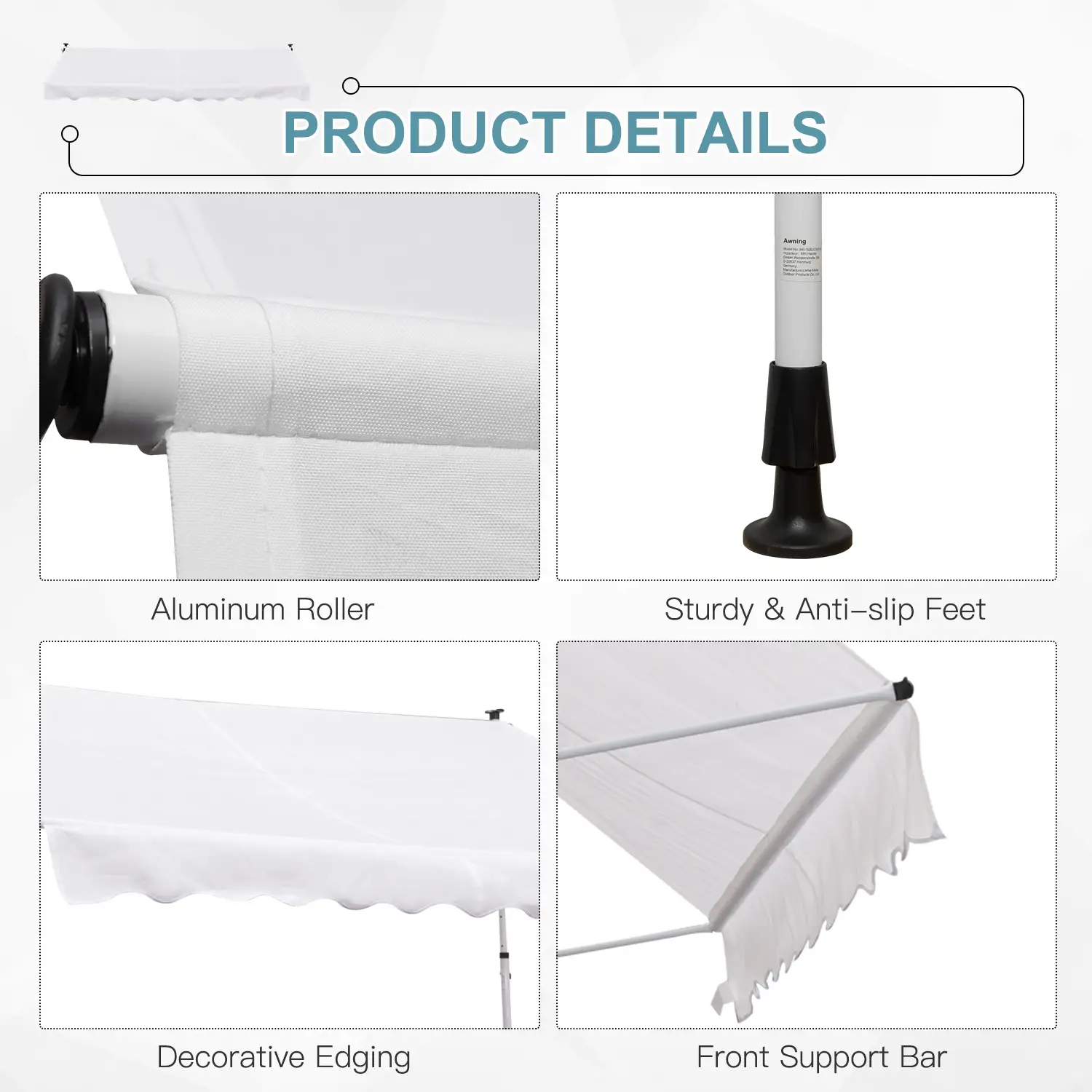 10x5ft Manual Retractable Awning, Patio Sun Shade, Water Resistant, White - Image 6