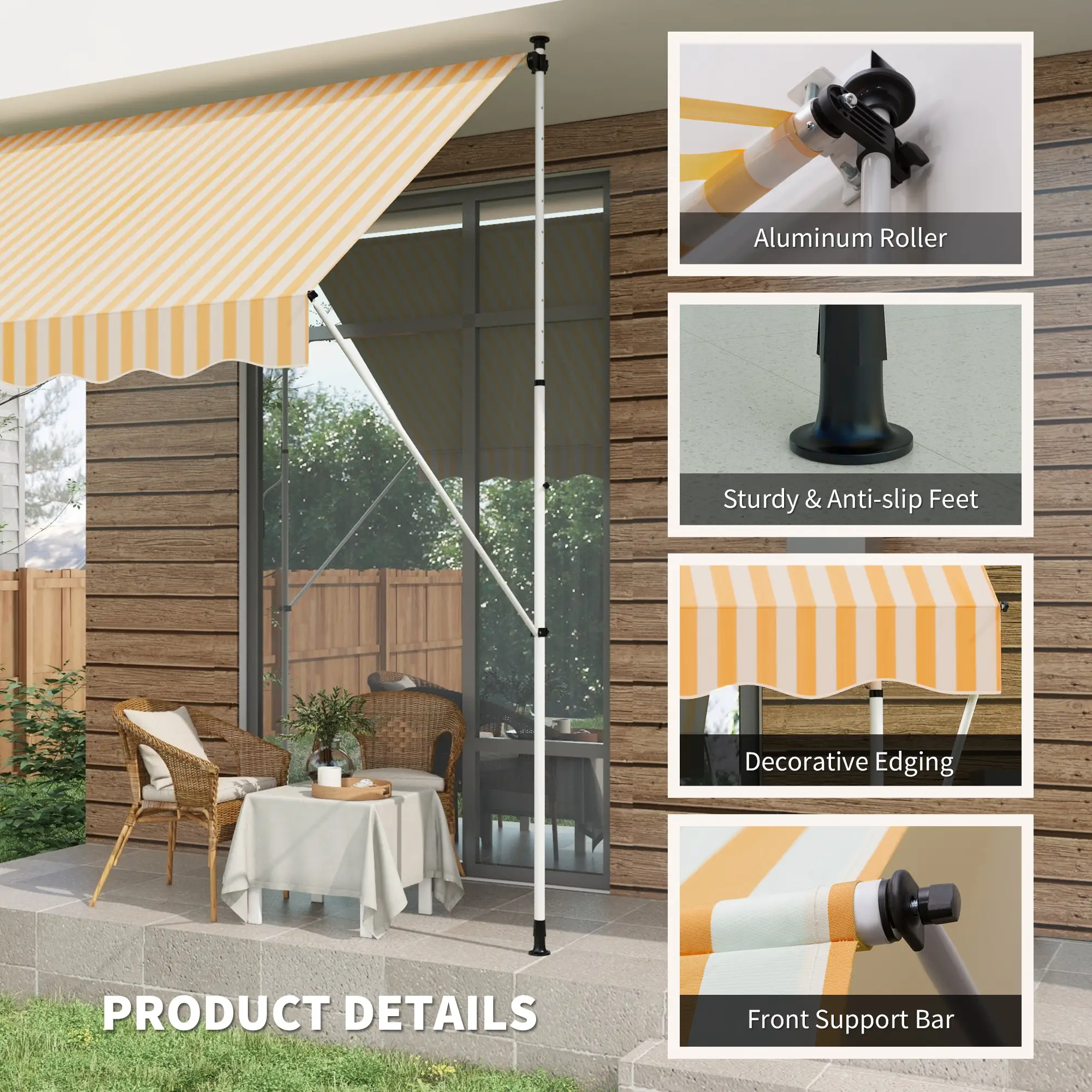 10x5ft Manual Retractable Awning, Sun Shade Canopy, Water Resistant, Yellow - Image 5