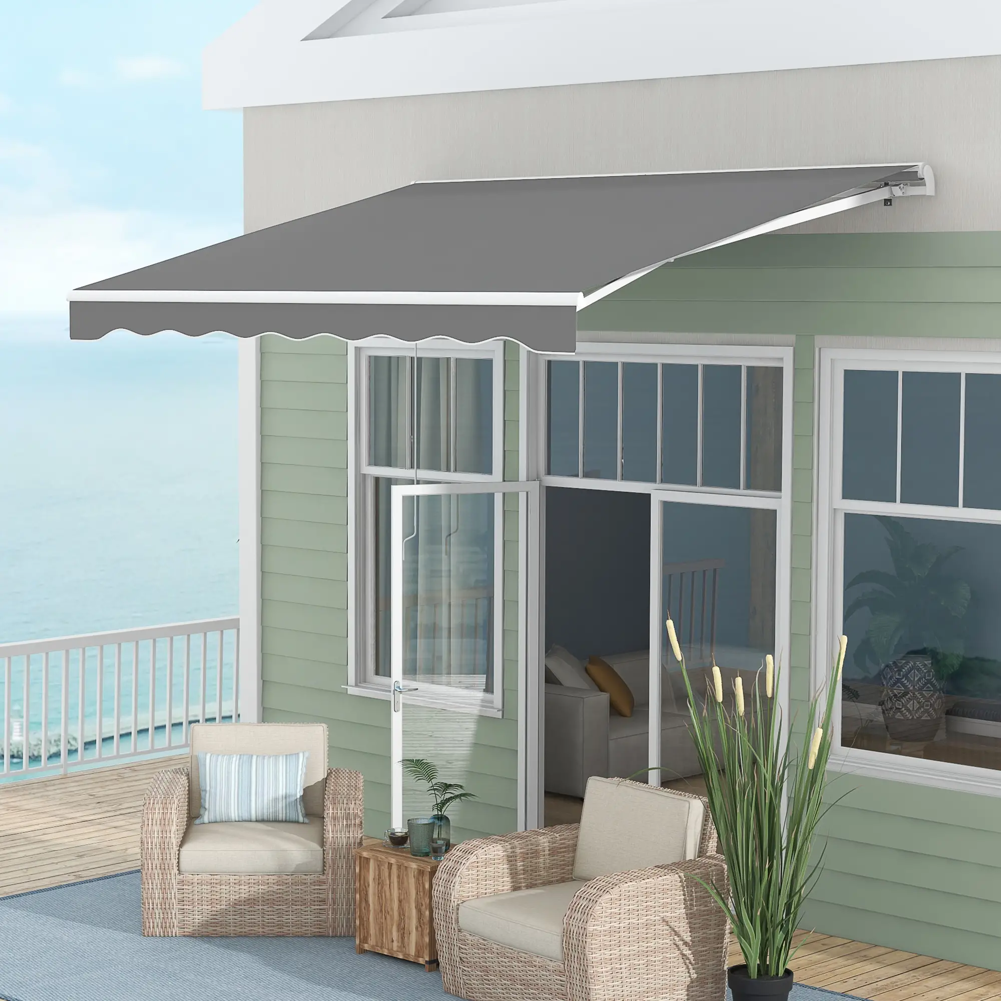 10'x8' Retractable Awning, Remote, Crank Handle, Aluminum Frame, Light Grey - Image 10