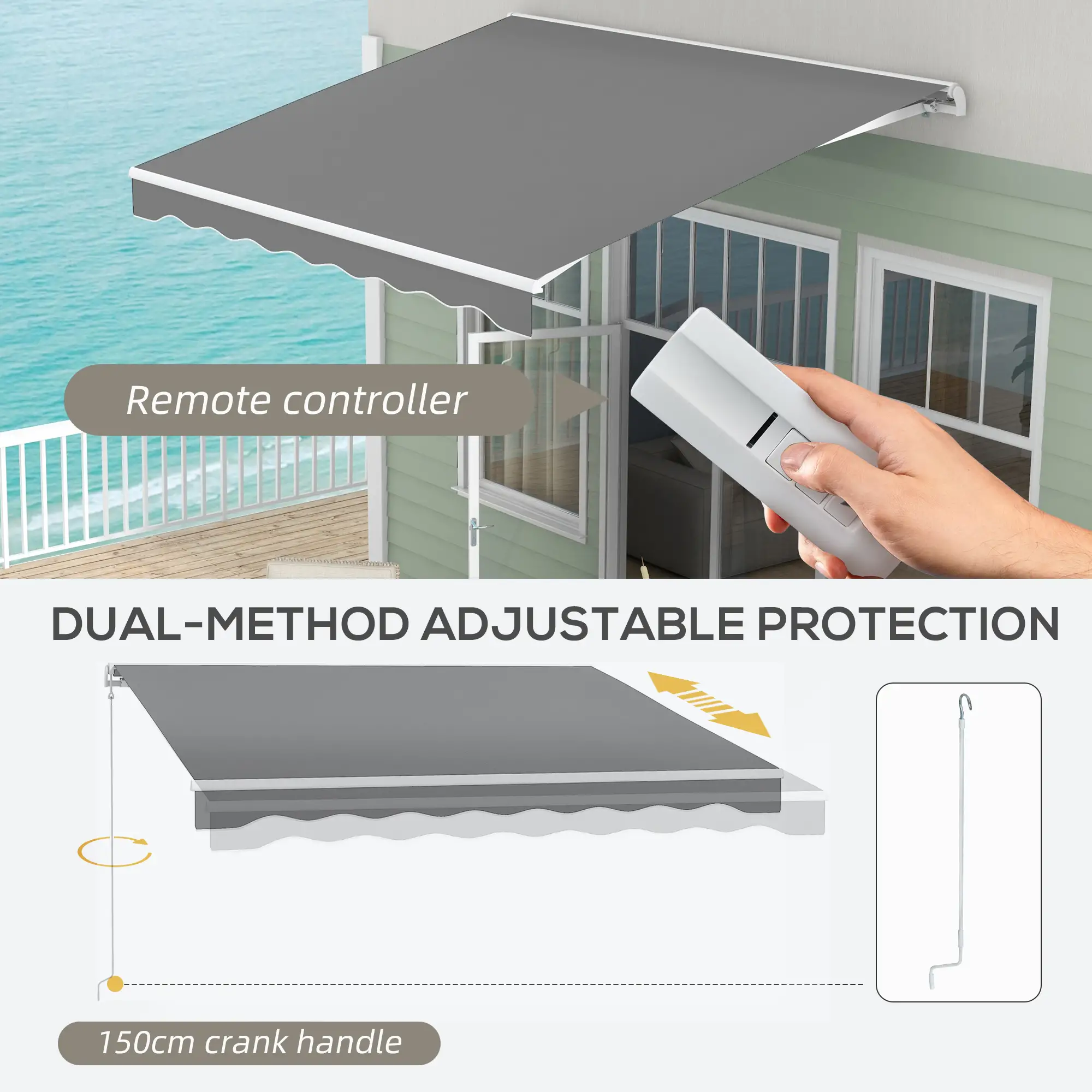 10'x8' Retractable Awning, Remote, Crank Handle, Aluminum Frame, Light Grey - Image 4