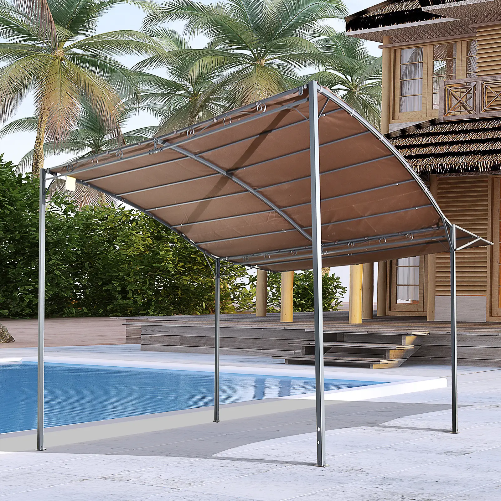 10x8ft Metal Gazebo, Extendable Side Awning, Outdoor Shelter, Brown - Image 2