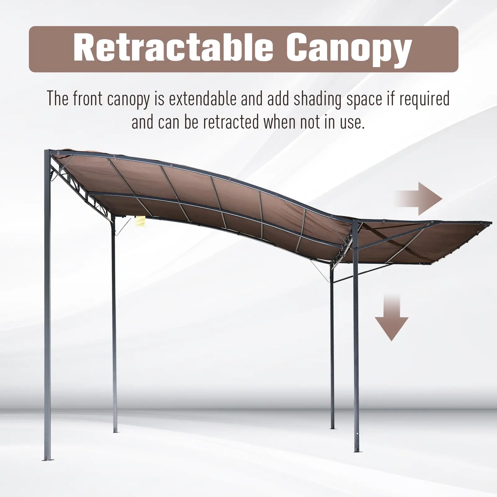 10x8ft Metal Gazebo, Extendable Side Awning, Outdoor Shelter, Brown - Image 4