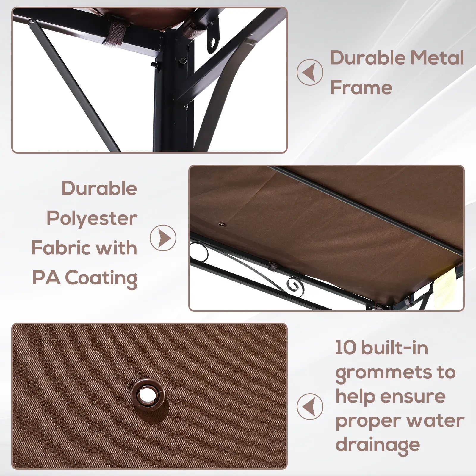 10x8ft Metal Gazebo, Extendable Side Awning, Outdoor Shelter, Brown - Image 6