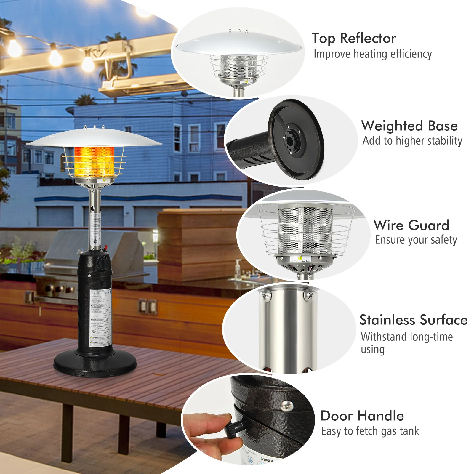 11,000 BTU Portable Tabletop Propane Patio Heater, Black - Image 9