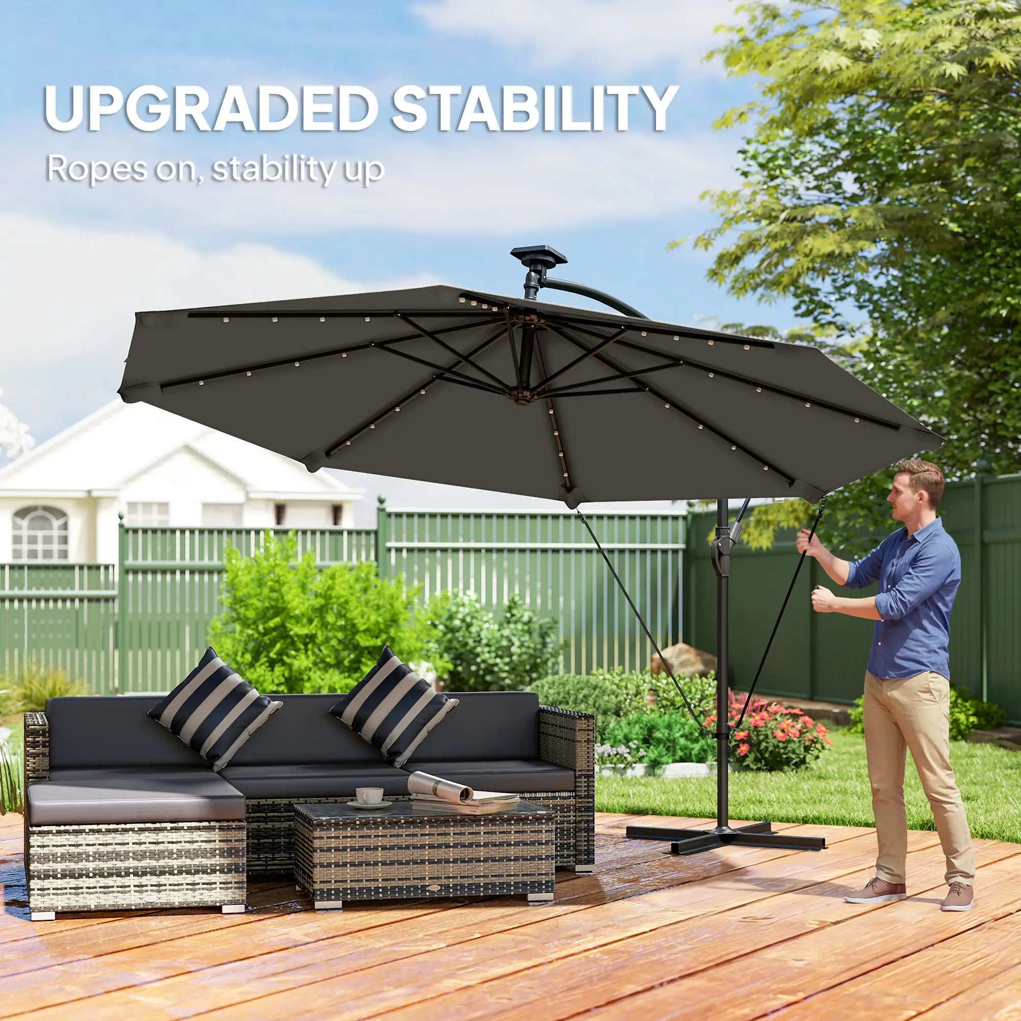 11.3 ft Cantilever Patio Umbrella, With Light And Cover, Dark Grey - Image 6