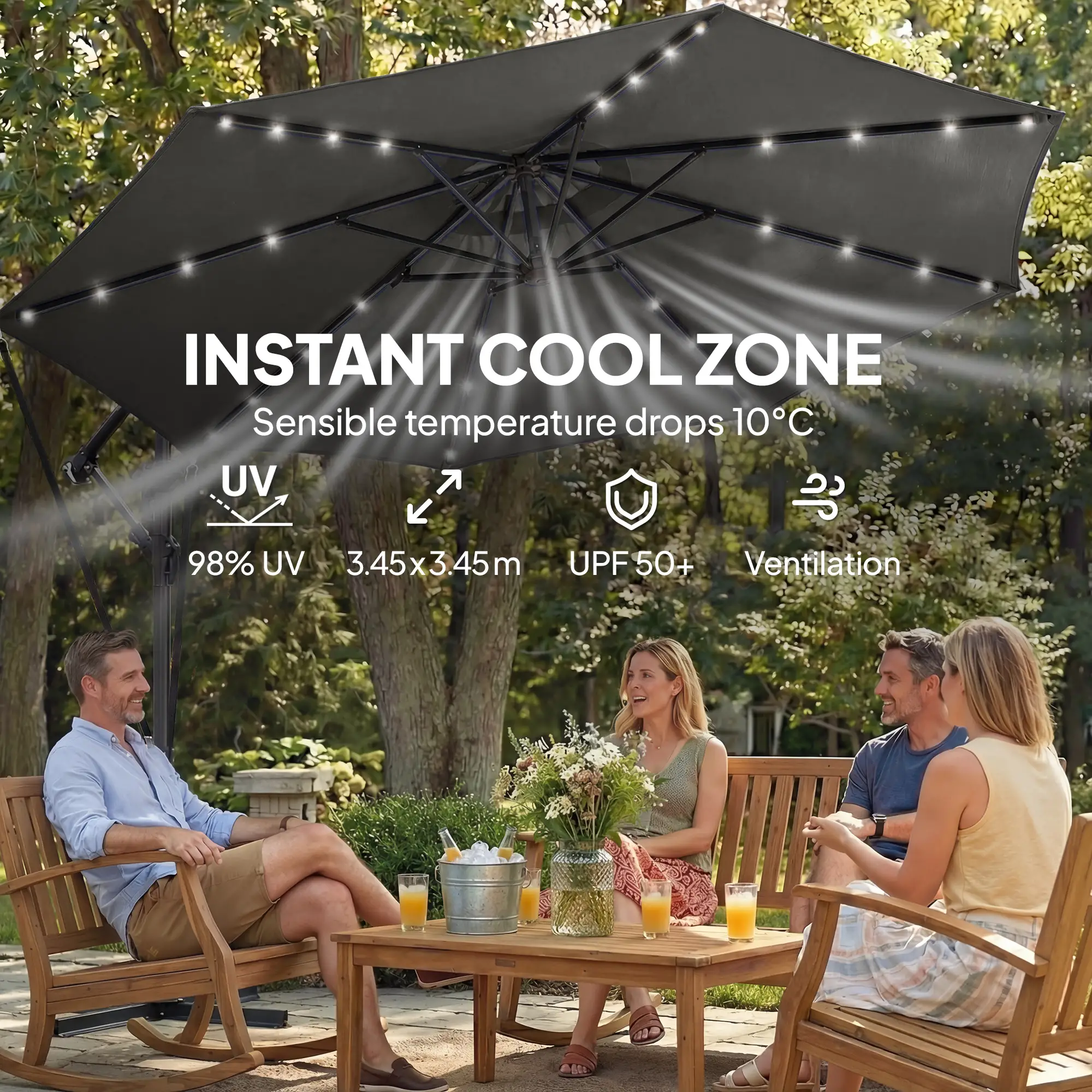 11.3 ft Cantilever Patio Umbrella, With Light And Cover, Dark Grey - Image 7