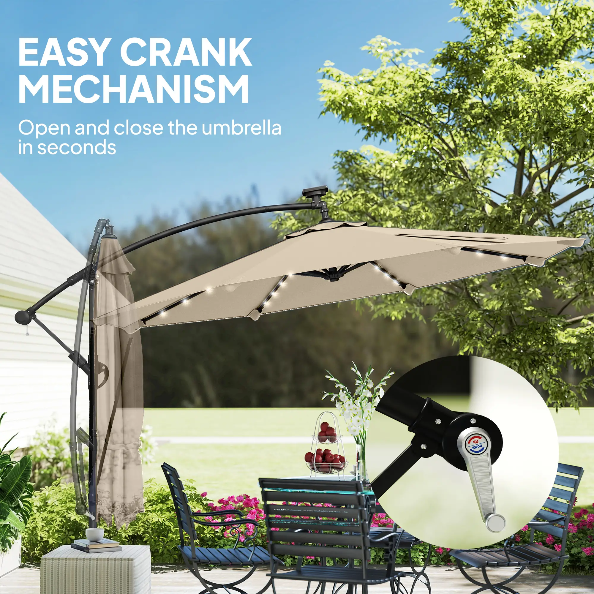 11.3 ft Cantilever Patio Umbrella With Light, Cover, Aluminium UPF50+, Khaki - Image 10