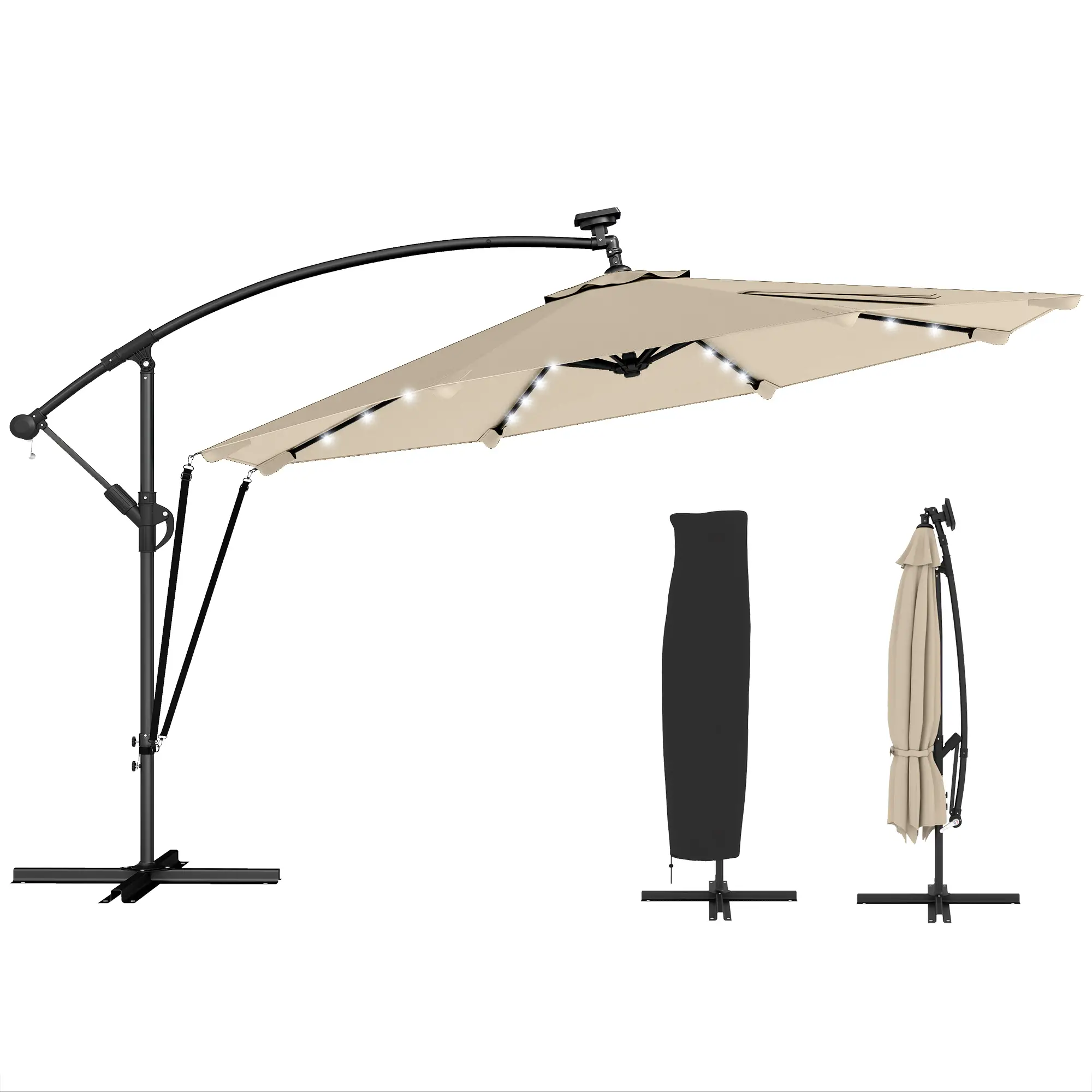 11.3 ft Cantilever Patio Umbrella With Light, Cover, Aluminium UPF50+, Khaki - Image 11