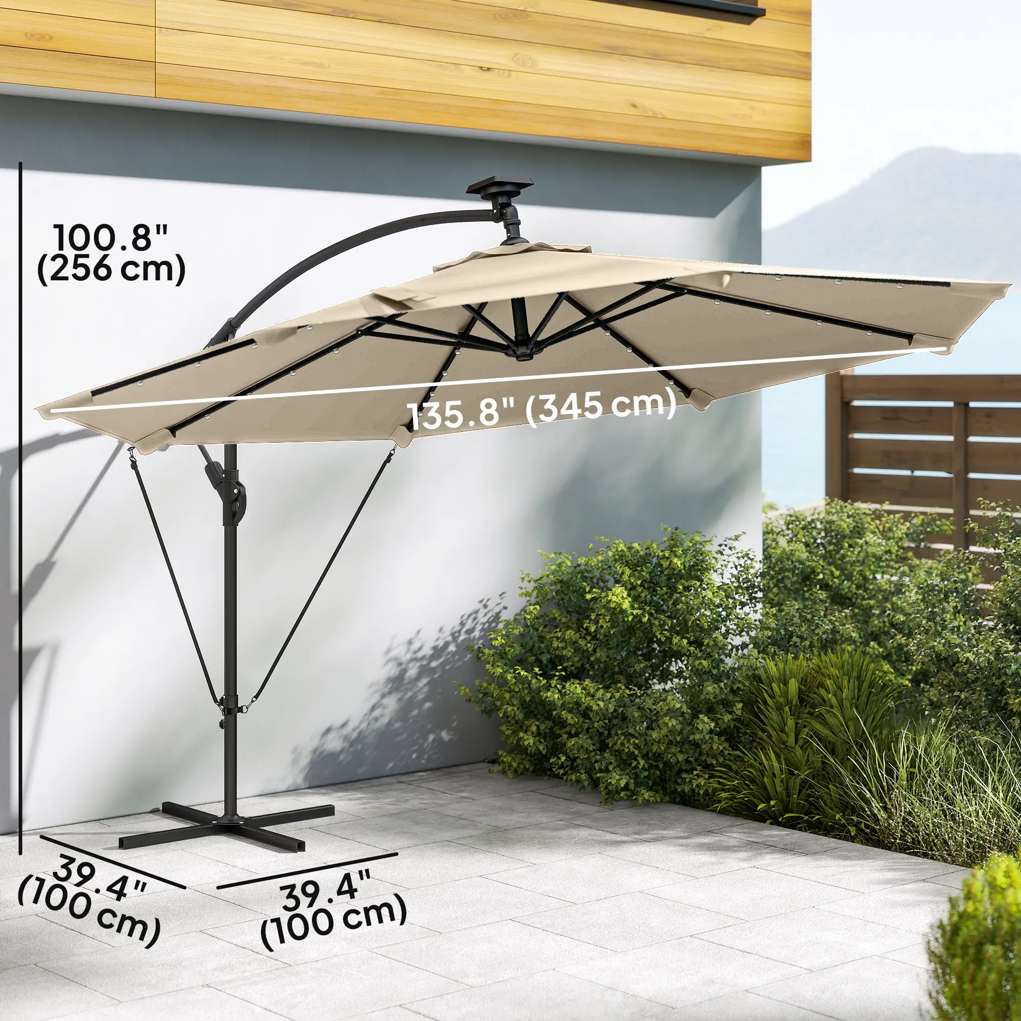 11.3 ft Cantilever Patio Umbrella With Light, Cover, Aluminium UPF50+, Khaki - Image 3