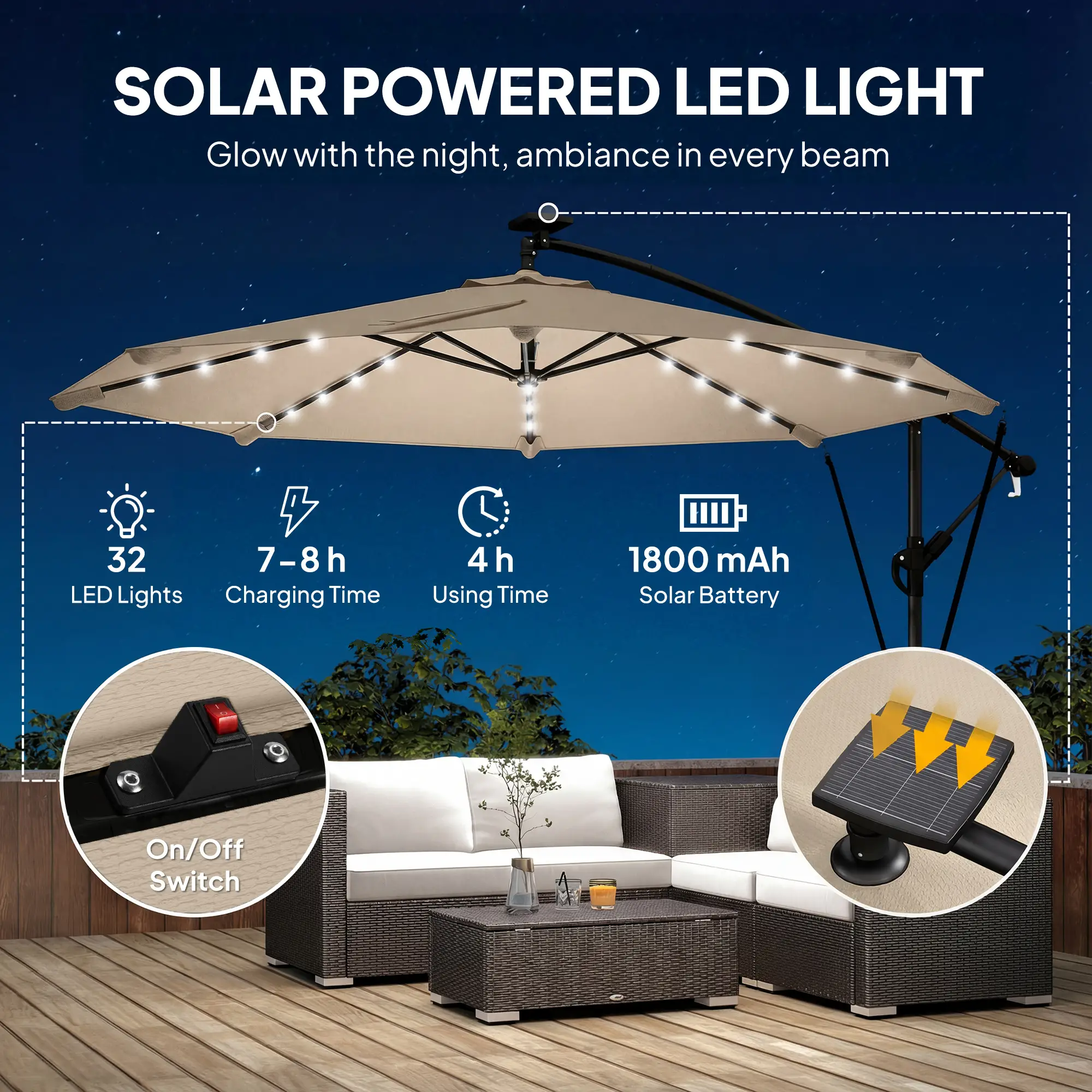 11.3 ft Cantilever Patio Umbrella With Light, Cover, Aluminium UPF50+, Khaki - Image 4