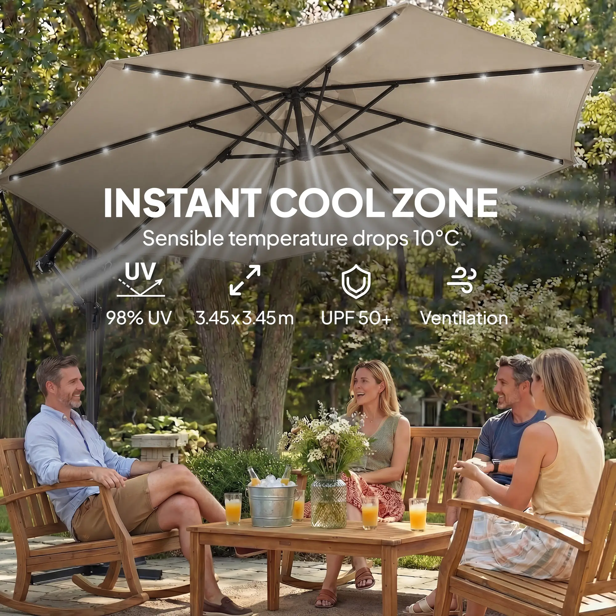11.3 ft Cantilever Patio Umbrella With Light, Cover, Aluminium UPF50+, Khaki - Image 7