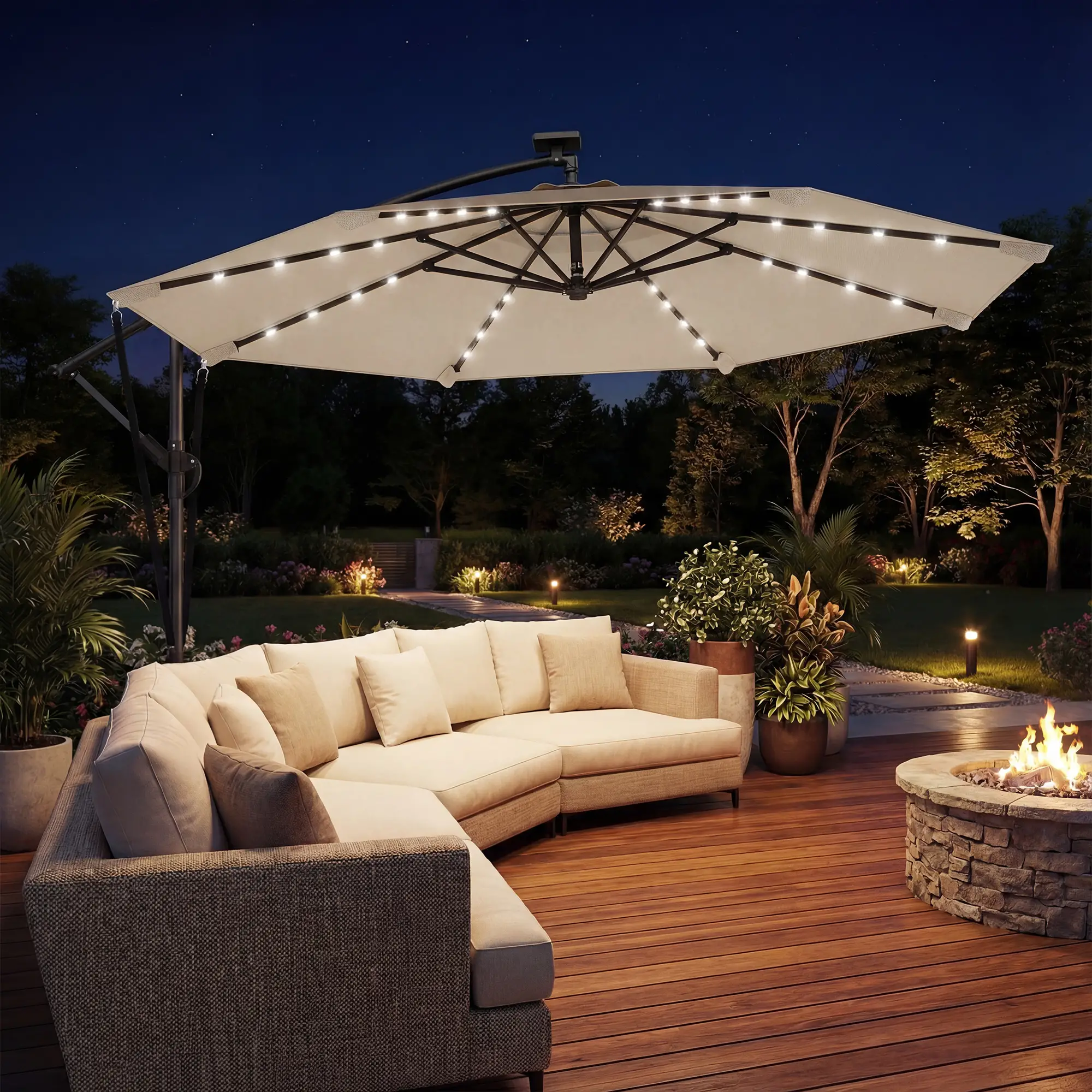 11.3 ft Cantilever Patio Umbrella With Light, Cover, Aluminium UPF50+, Khaki - Image 8