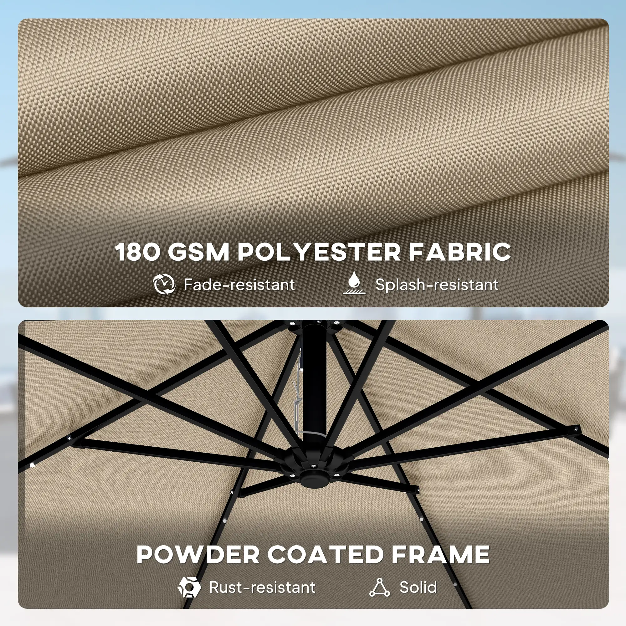11.3 ft Cantilever Patio Umbrella With Light, Cover, Aluminium UPF50+, Khaki - Image 9