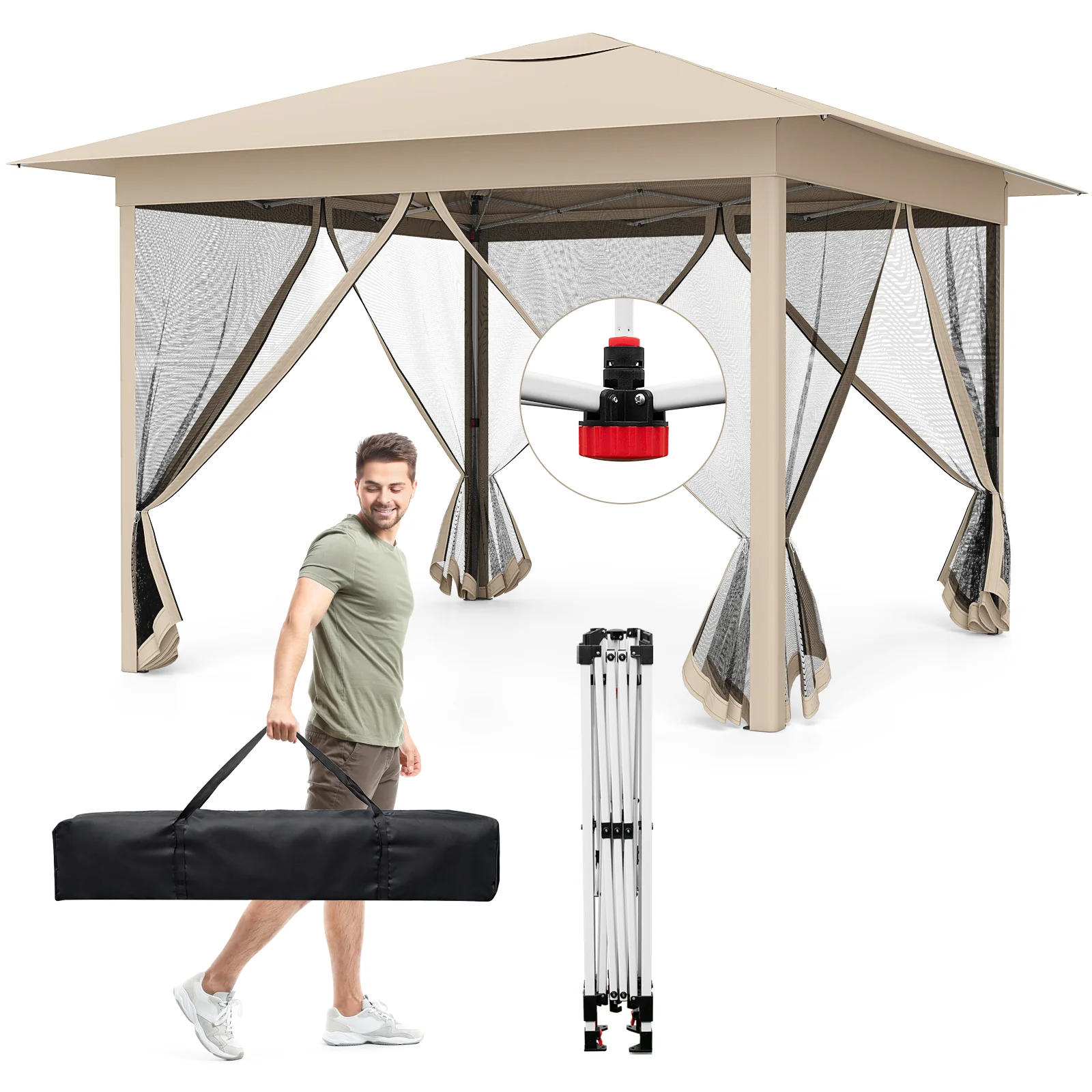 11.5 x 11.5 FT Pop-up Canopy With Mesh Screen, Beige
