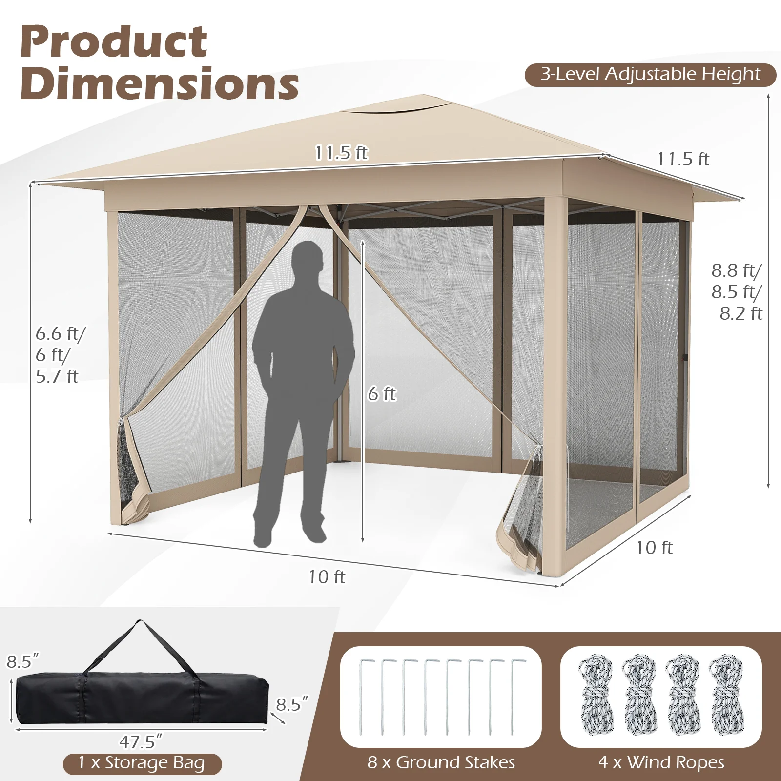 11.5 x 11.5 FT Pop-up Canopy With Mesh Screen, Beige - Image 5