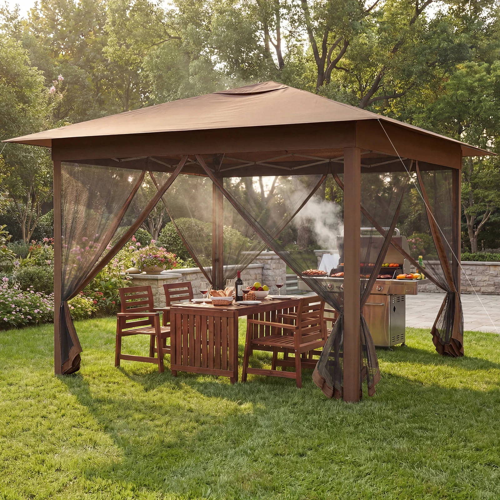 11.5 X 11.5 FT Pop-Up Canopy With Mesh Screen, Brown - Image 2