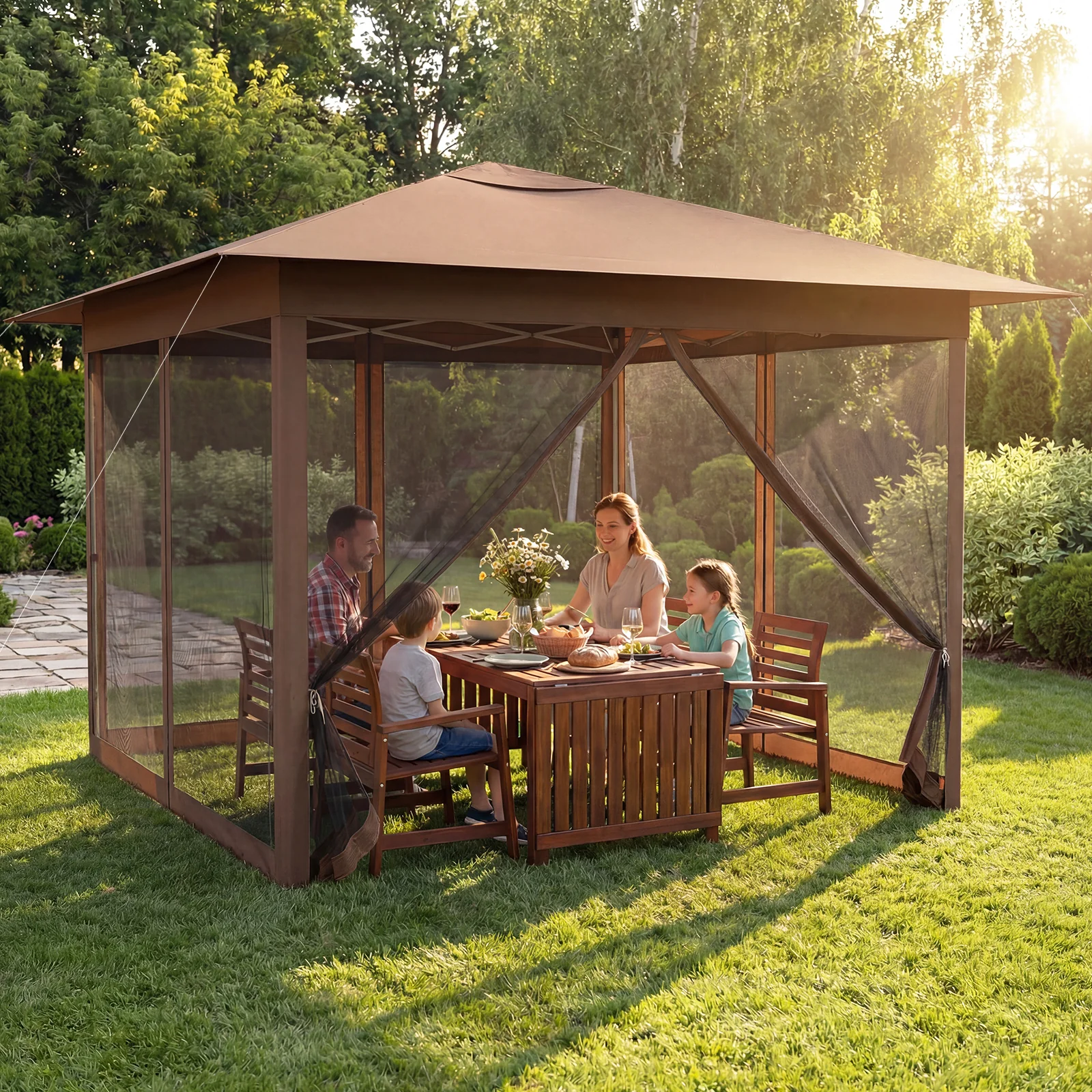 11.5 X 11.5 FT Pop-Up Canopy With Mesh Screen, Brown - Image 3