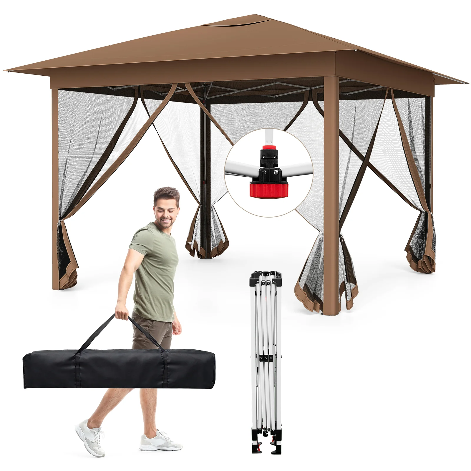 11.5 X 11.5 FT Pop-Up Canopy With Mesh Screen, Brown - Image 4