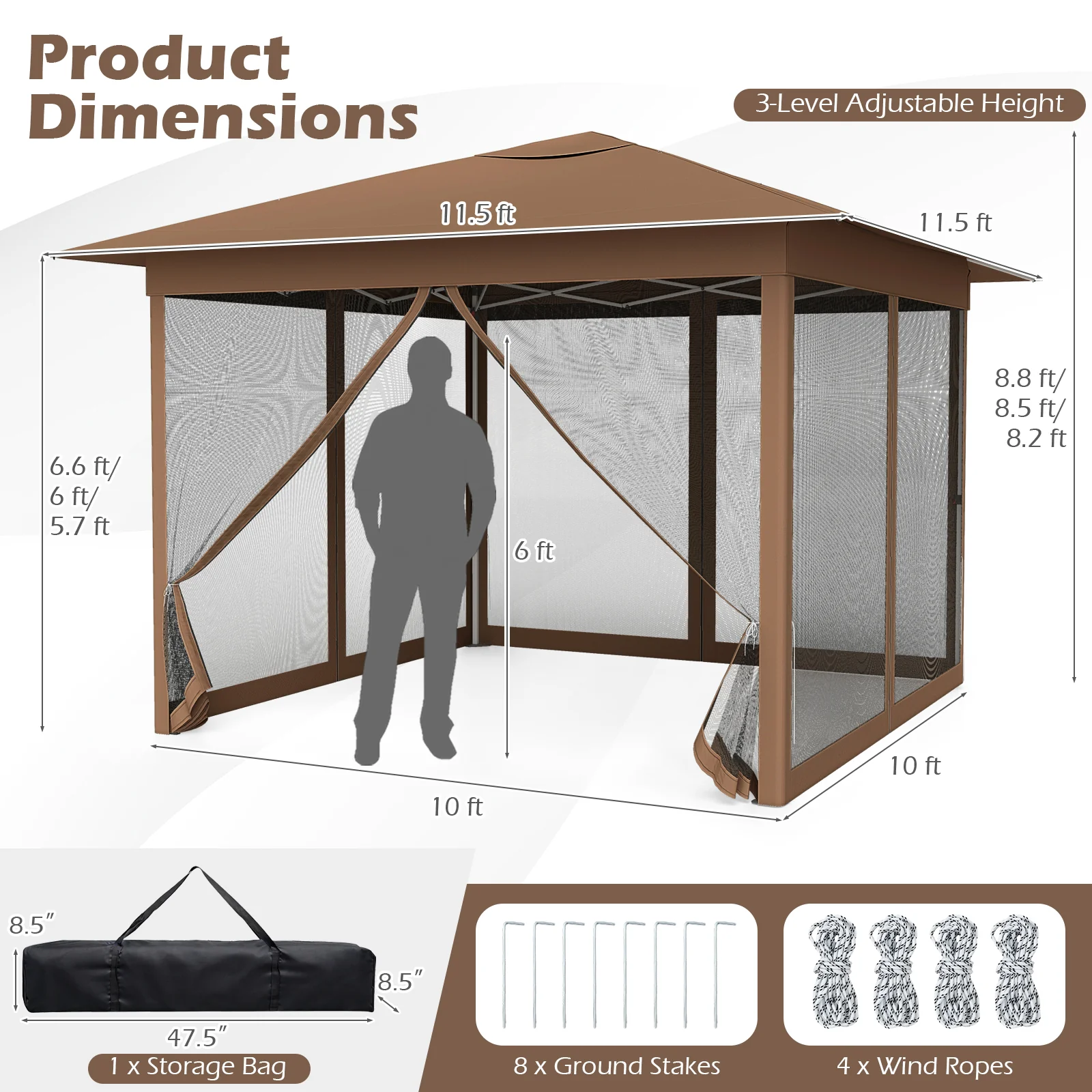 11.5 X 11.5 FT Pop-Up Canopy With Mesh Screen, Brown - Image 5