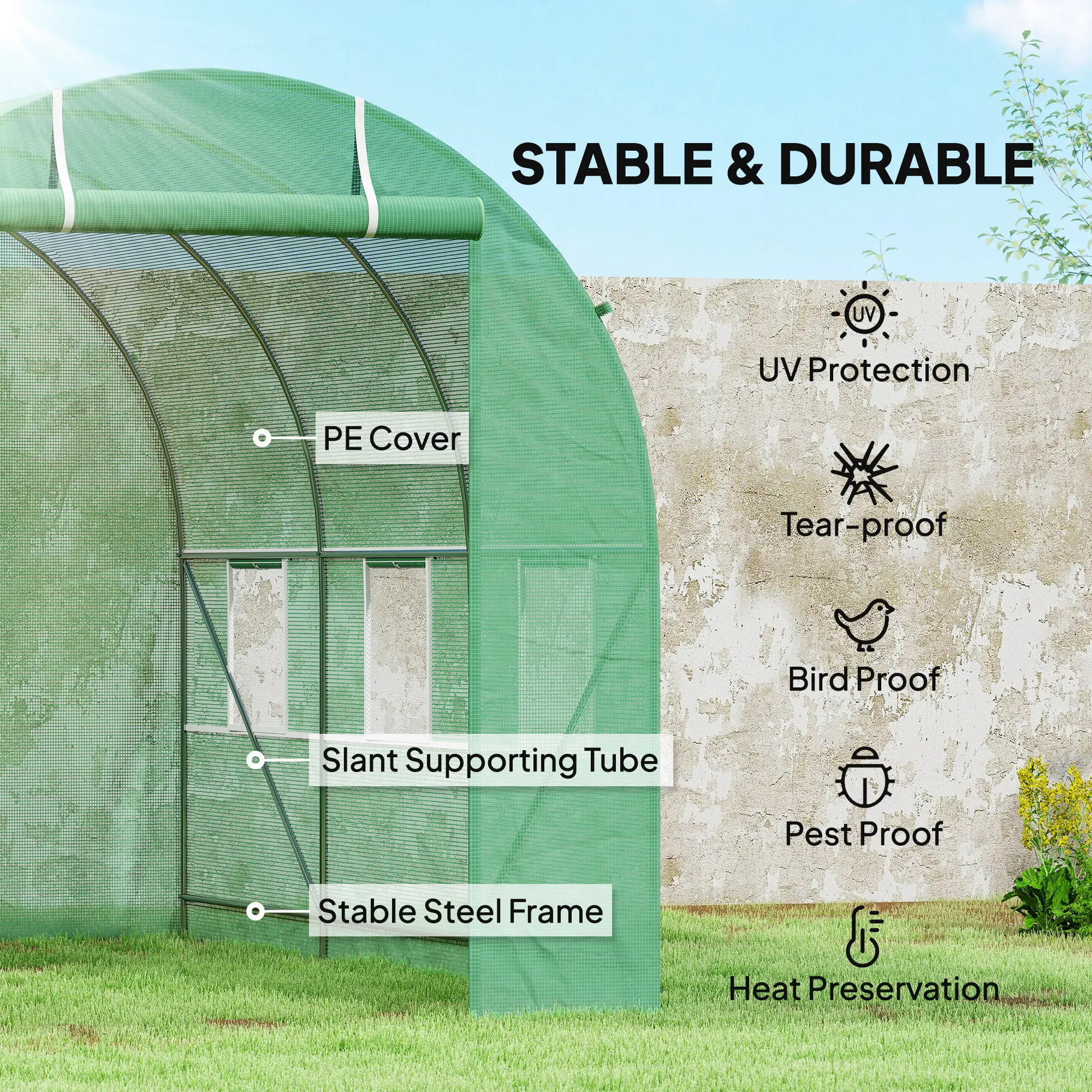 11.5' x 6.6' x 6.6' Walk-in Greenhouse, PE Cover, Roll Up Door, Windows, Green - Image 4