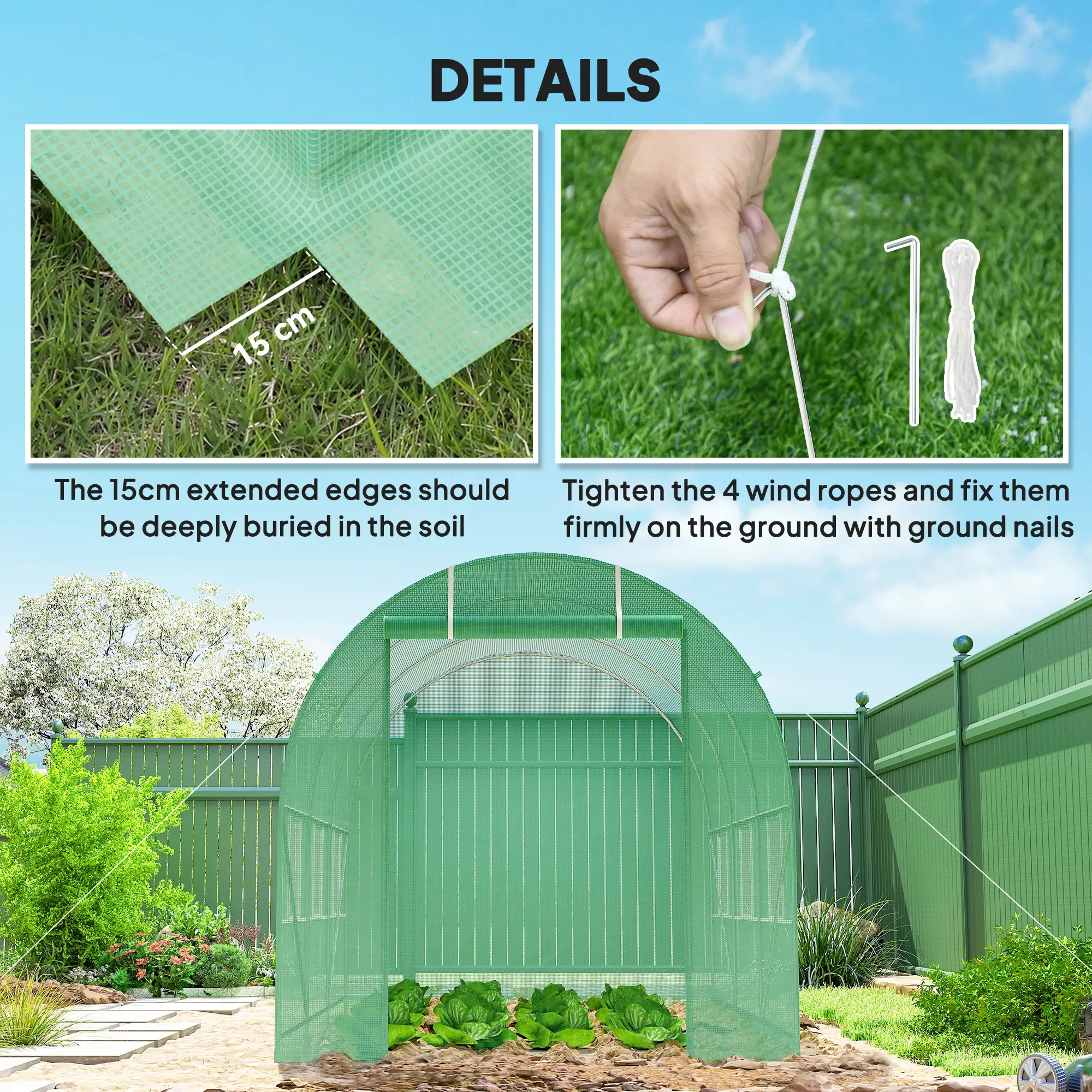 11.5' x 6.6' x 6.6' Walk-in Greenhouse, PE Cover, Roll Up Door, Windows, Green - Image 5