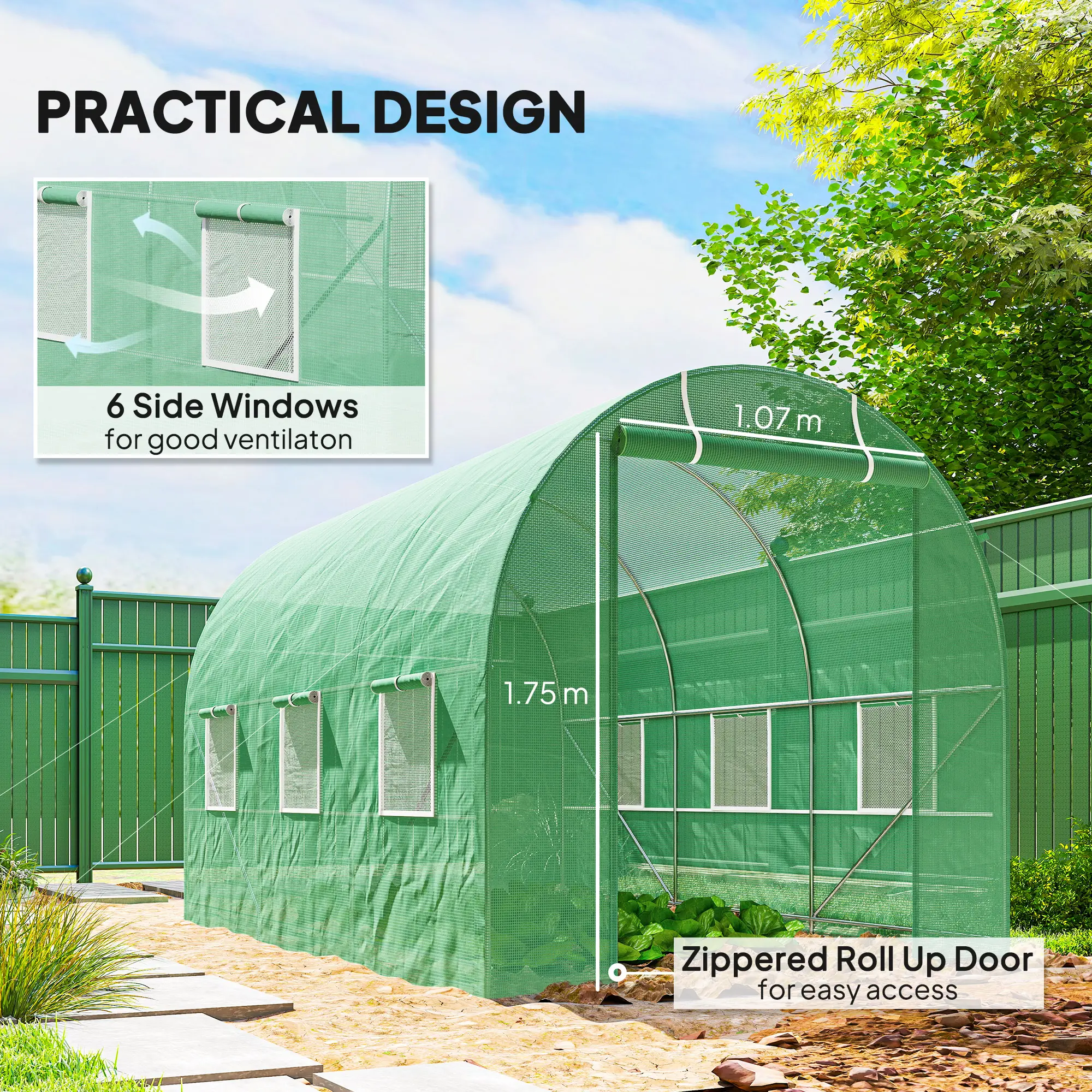 11.5' x 6.6' x 6.6' Walk-in Greenhouse, PE Cover, Roll Up Door, Windows, Green - Image 6