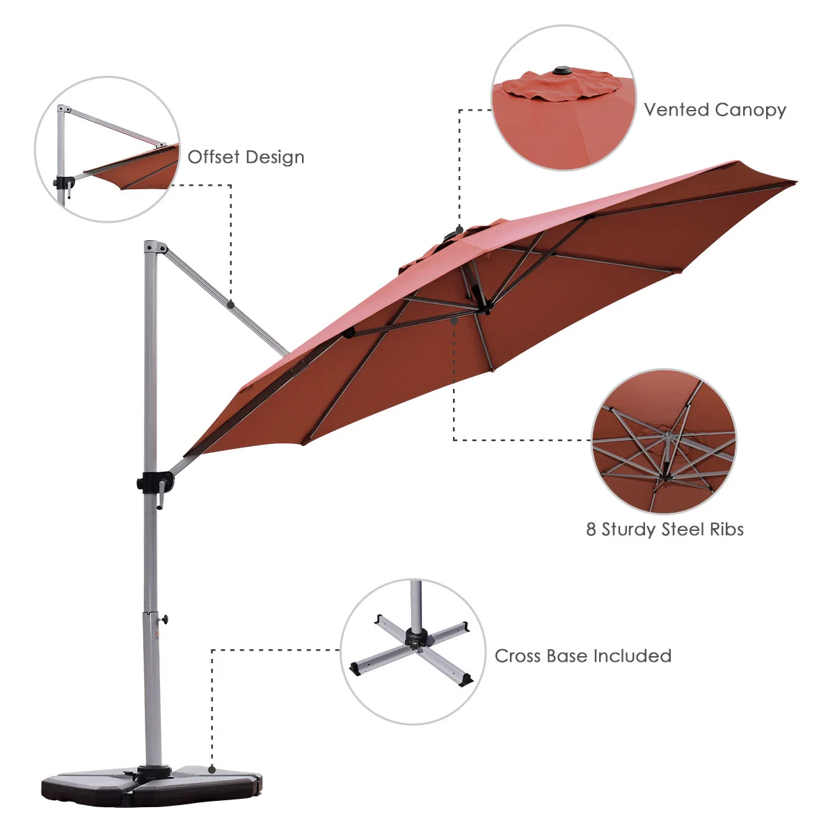 11 Feet Cantilever Umbrella, Aluminum, 360 Rotation, Tilt, Brick Red - Image 6